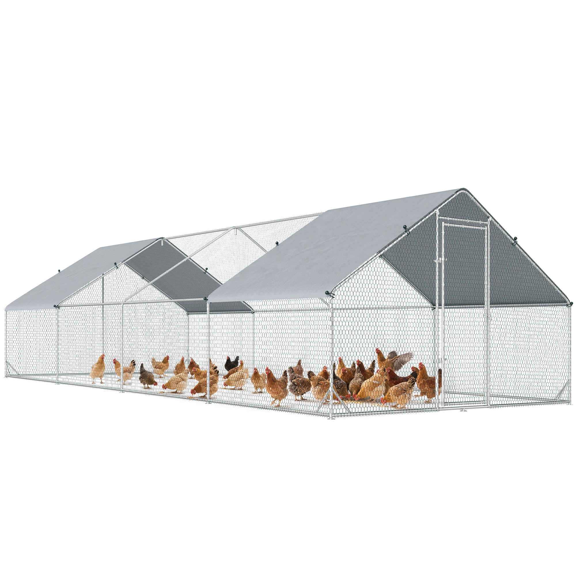 PawHut Großes Außengehege für Hühner 24 m² Käfig für 16-24 Hühner 3x8x2 m Verzinkter Stahl Hühnerstall mit PE-Abdeckung und Schloss - Silber