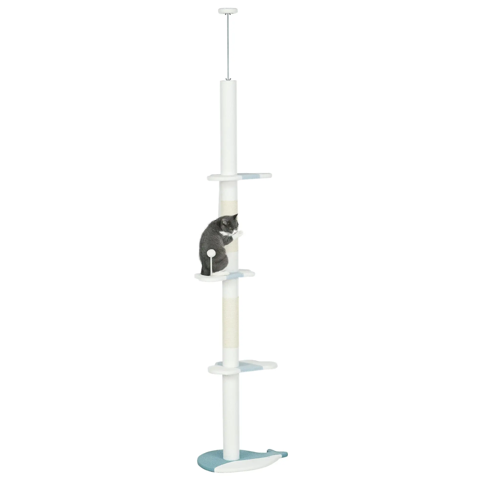 Ceiling Cat Scratching Post, Cat Gym with Adjustable Pole from 225-255 cm, Ball, Platforms and Whale-Shaped Base, White