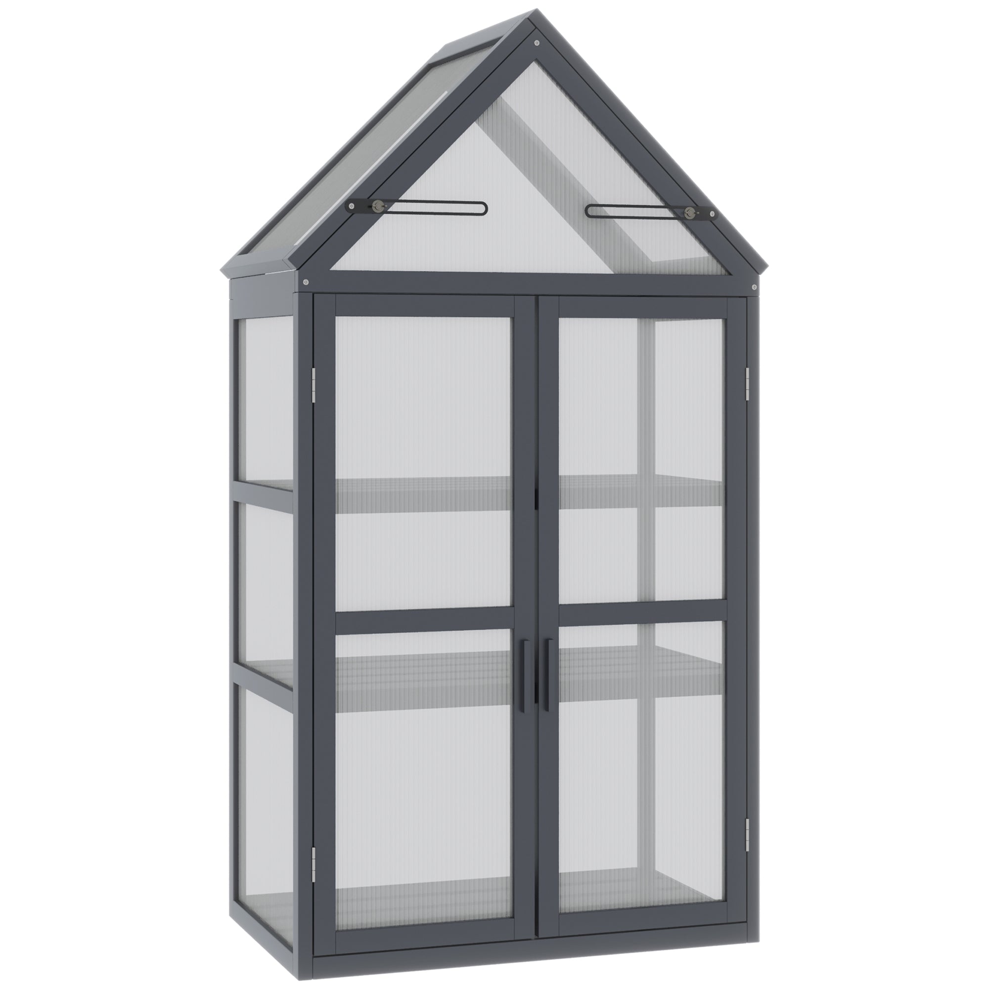 Serre Mini Outsunny 3 Étagères avec Toit Ouvrant et Portes Doubles en Bois Polycarbonate Imperméable Naturel 70,5 x 42 x 132 cm