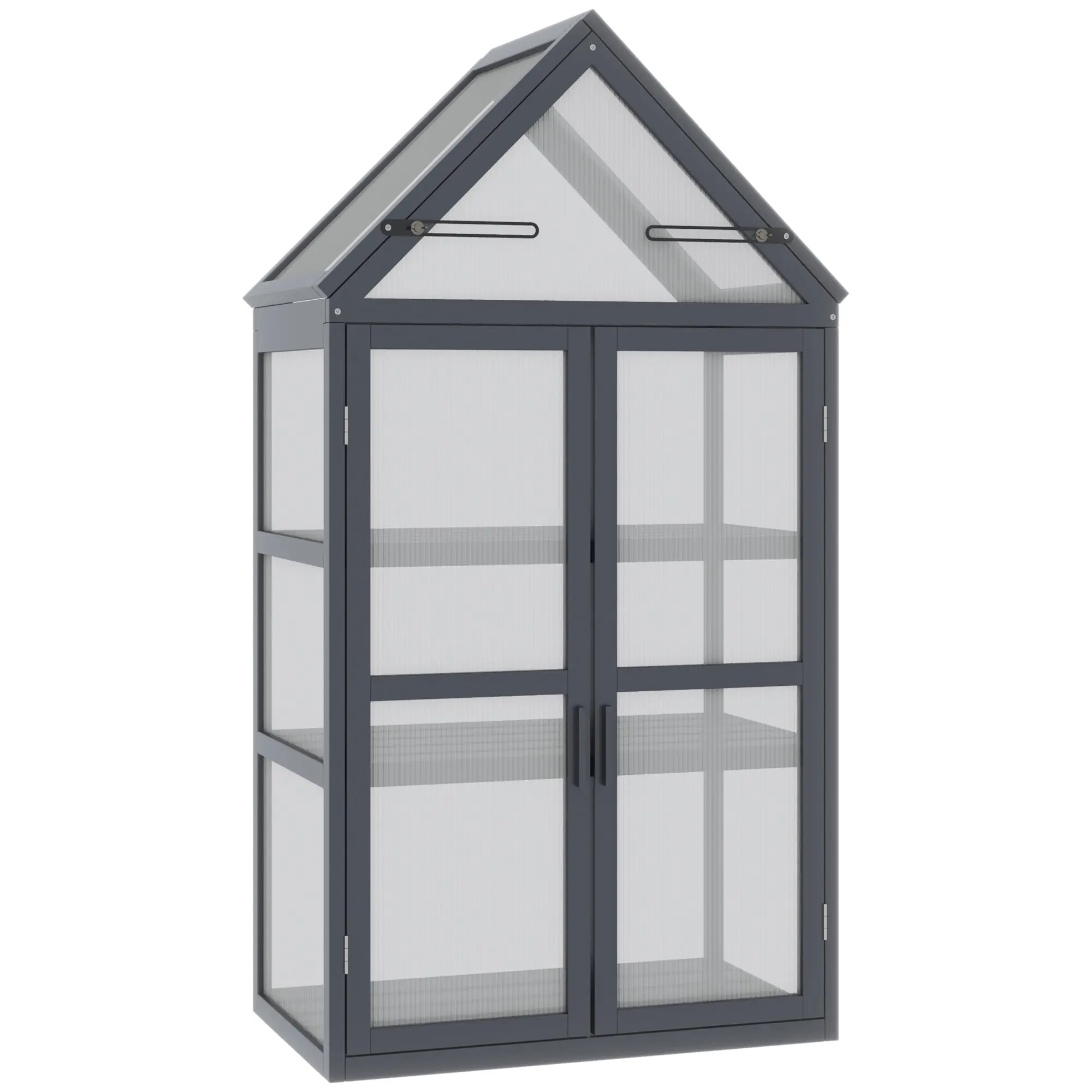 Mini Greenhouse 3 Tiers Plant Bed with Opening Roof Double Doors Made of Wood Polycarbonate Weatherproof Natural 70.5 x 42 x 132 cm