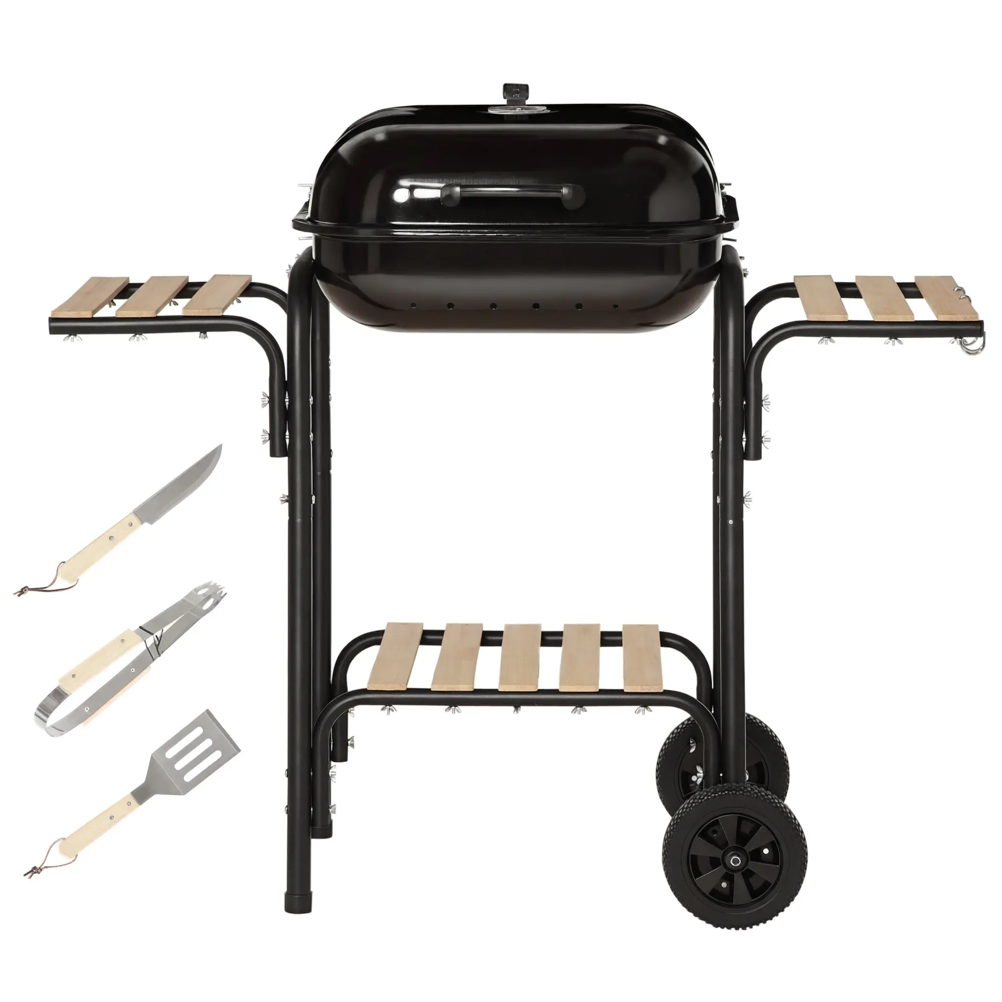 Charcoal BBQ with Shelves and Wheels, Wood BBQ with Lid and Air Vent, BBQ with Spatula, Tongs, Knife and Grill, Black