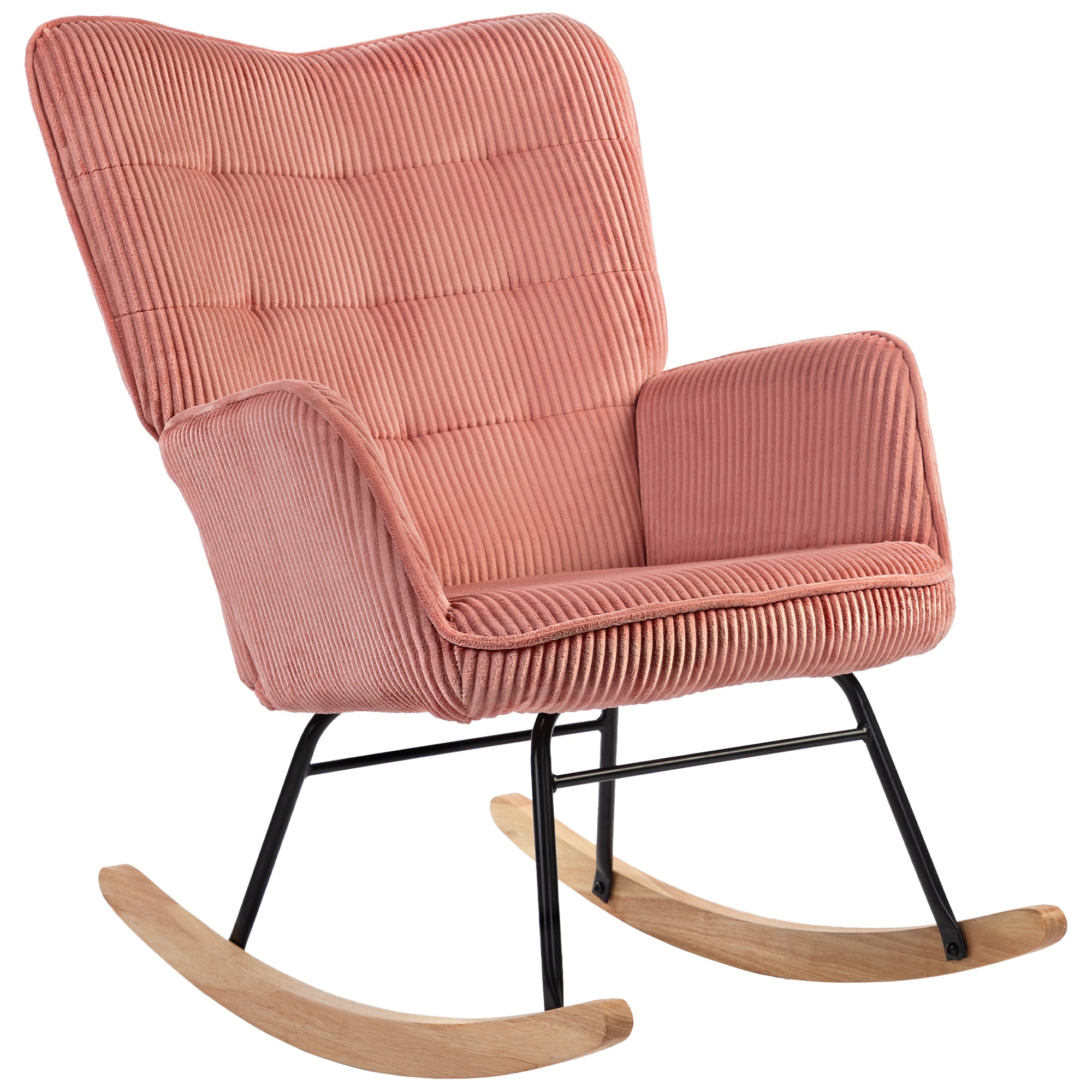 Rocking Chair — Tufted Corduroy Armchair with Armrests, Padded Seat on Wooden Rockers, Relax Lounge Chair for Living Room or Bedroom, Supports up to 265 lb, Pink