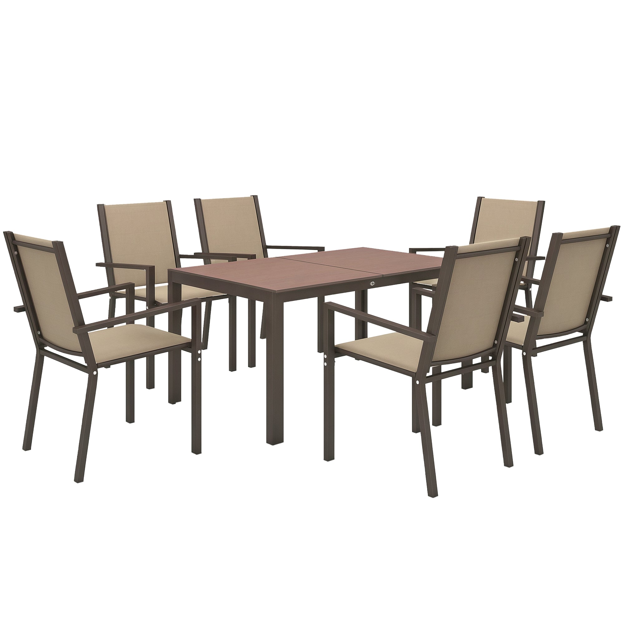 7-Piece Outdoor Dining Set Table and 6 Garden Chairs with Stackable Chairs and Steel Frame for Terrace Patio Khaki and Brown