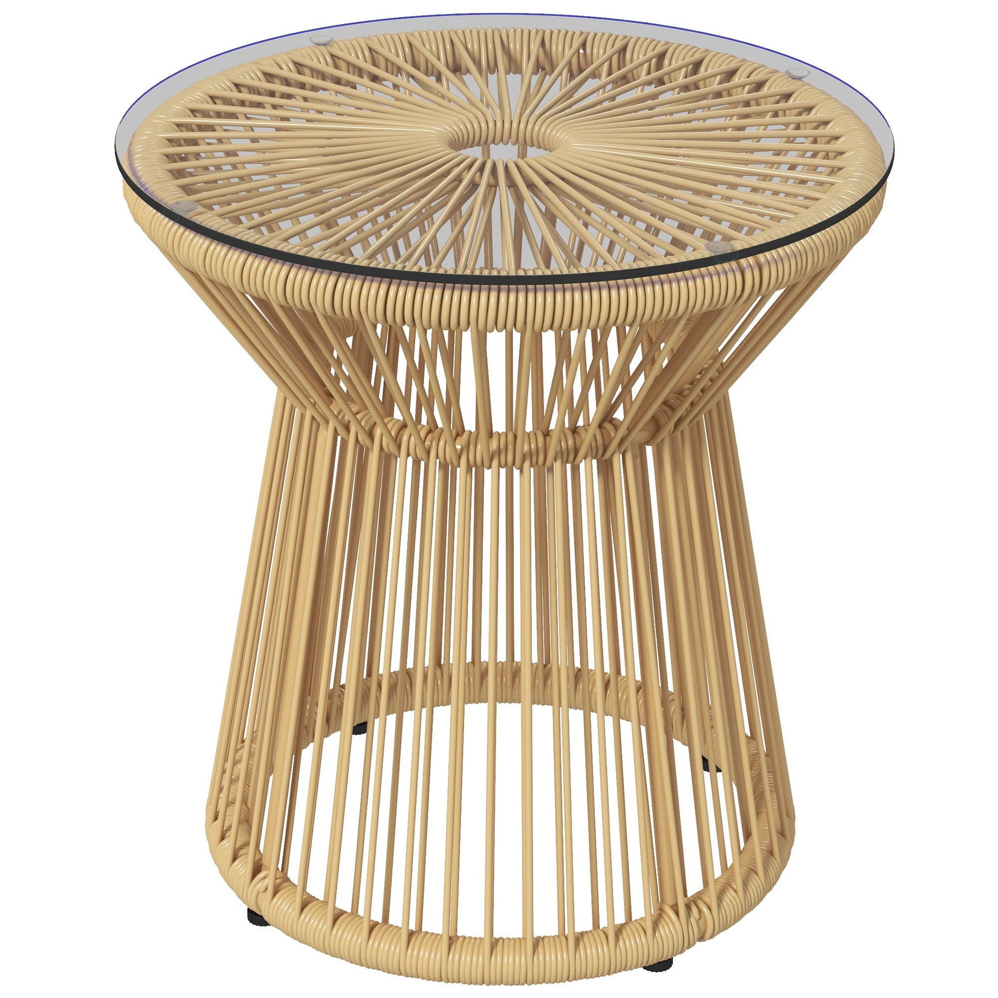 Outsunny Synthetesche Rattan Säit Tësch - Ronnen Kaffi Tësch mat Temperéiert Glas Top an Metallrahmen - 30 kg Lastkapazitéit fir Patios, Gärten, Balkone Ø40x42 cm Beige