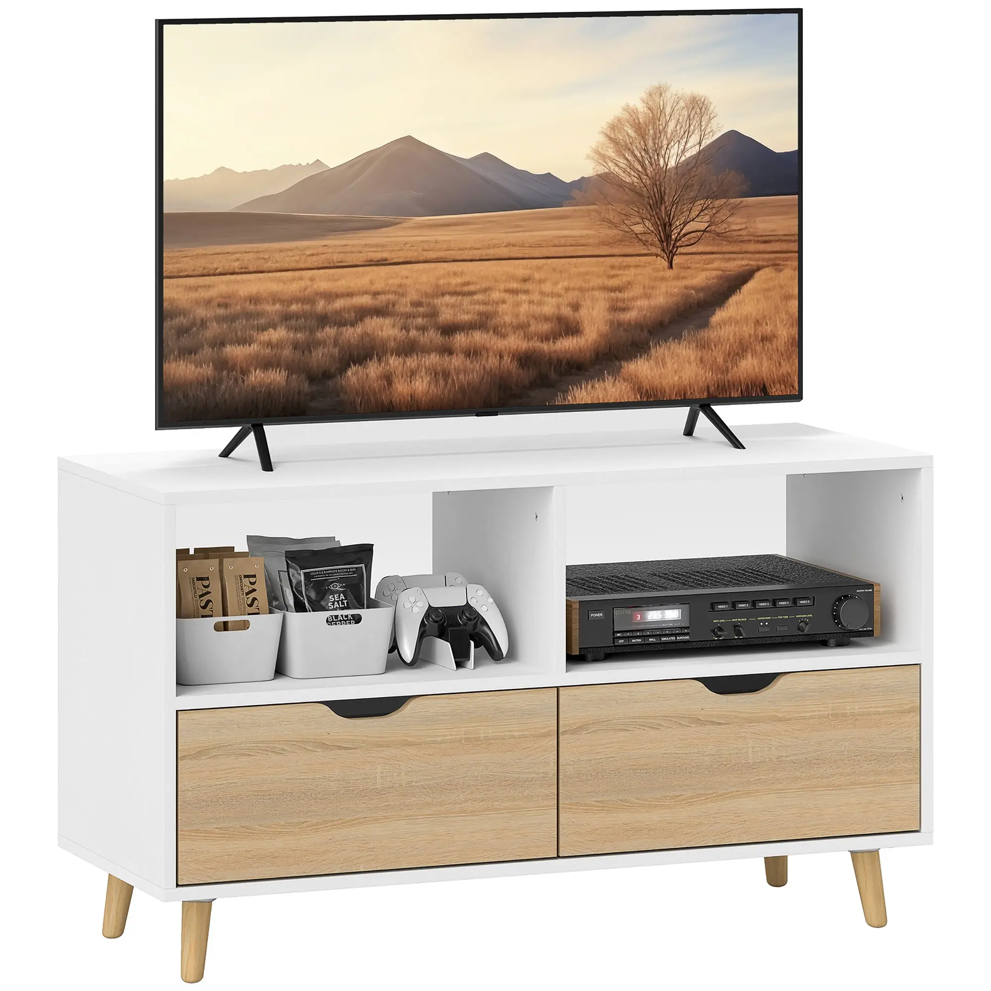 TV Cabinet Lowboard with 2 Shelves, Drawer, 99 cm long TV Stand for Television, TV Unit for Living Room, White, 99 x 39 x 58.3 cm