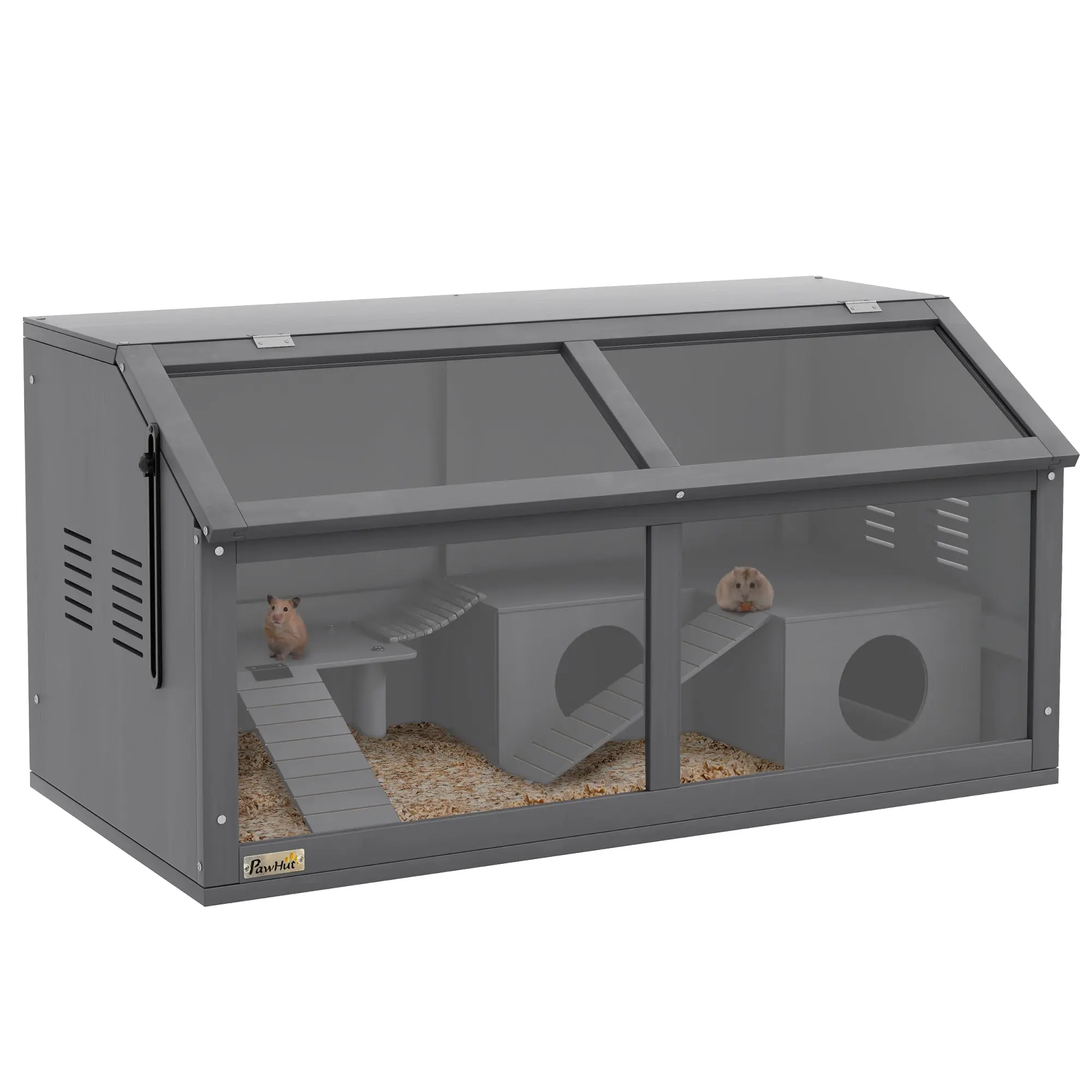 Wooden Dwarf Hamster Cage, 85 x 45 x 44 cm — Small Animal Cage with Top Door, Hanging Bridge, Ladders, House & Feeding Station — Dark Gray