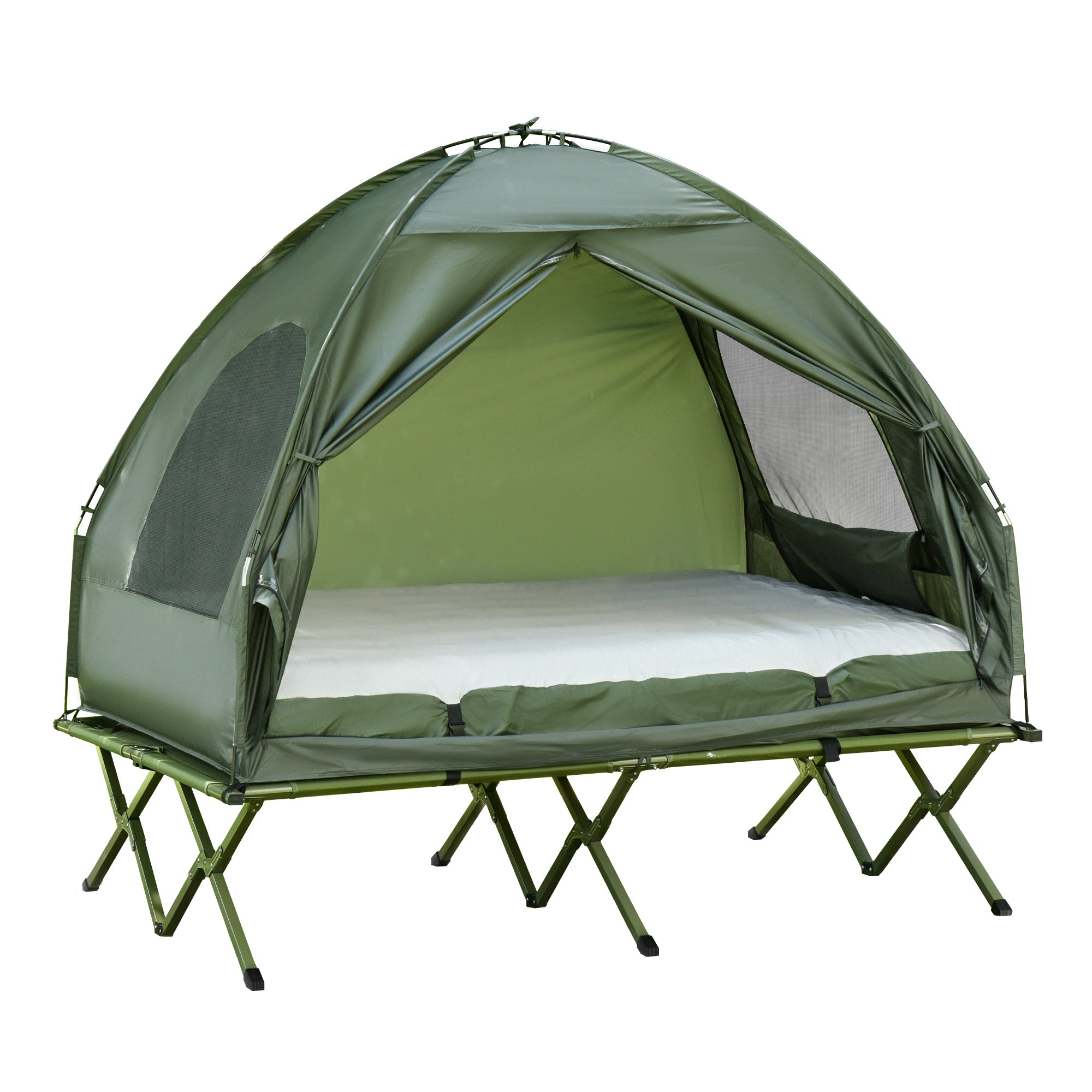 Outsunny Camping Seng med Telt - Elevation $ Airmadras med Pumpe, Taffeta Bærepose 193 x 136 x 180 cm Gæsteseng til 2 personer op til 160 kg - Ekstra Bred Foldeseng til Udendørs brug Grøn