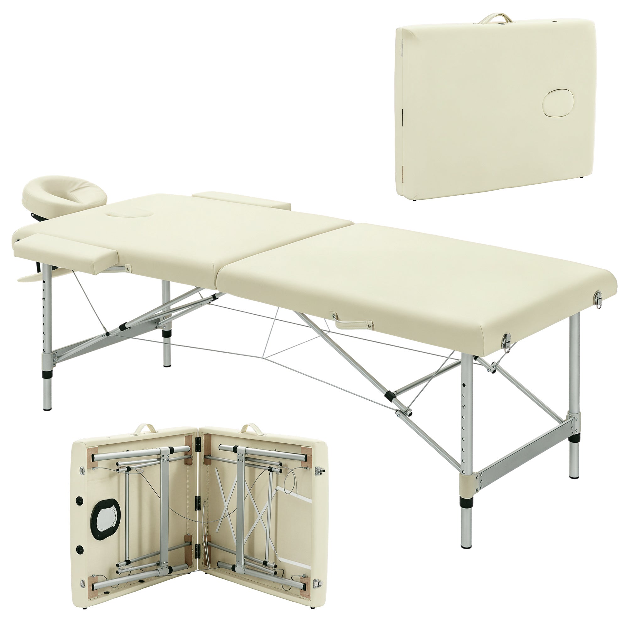 HOMCOM Professionell Klappbare Massagebett, Massagebett mat Justéierbarer Héicht an Tragebäcker fir Beauticiennen a Therapeuten, Wäiss