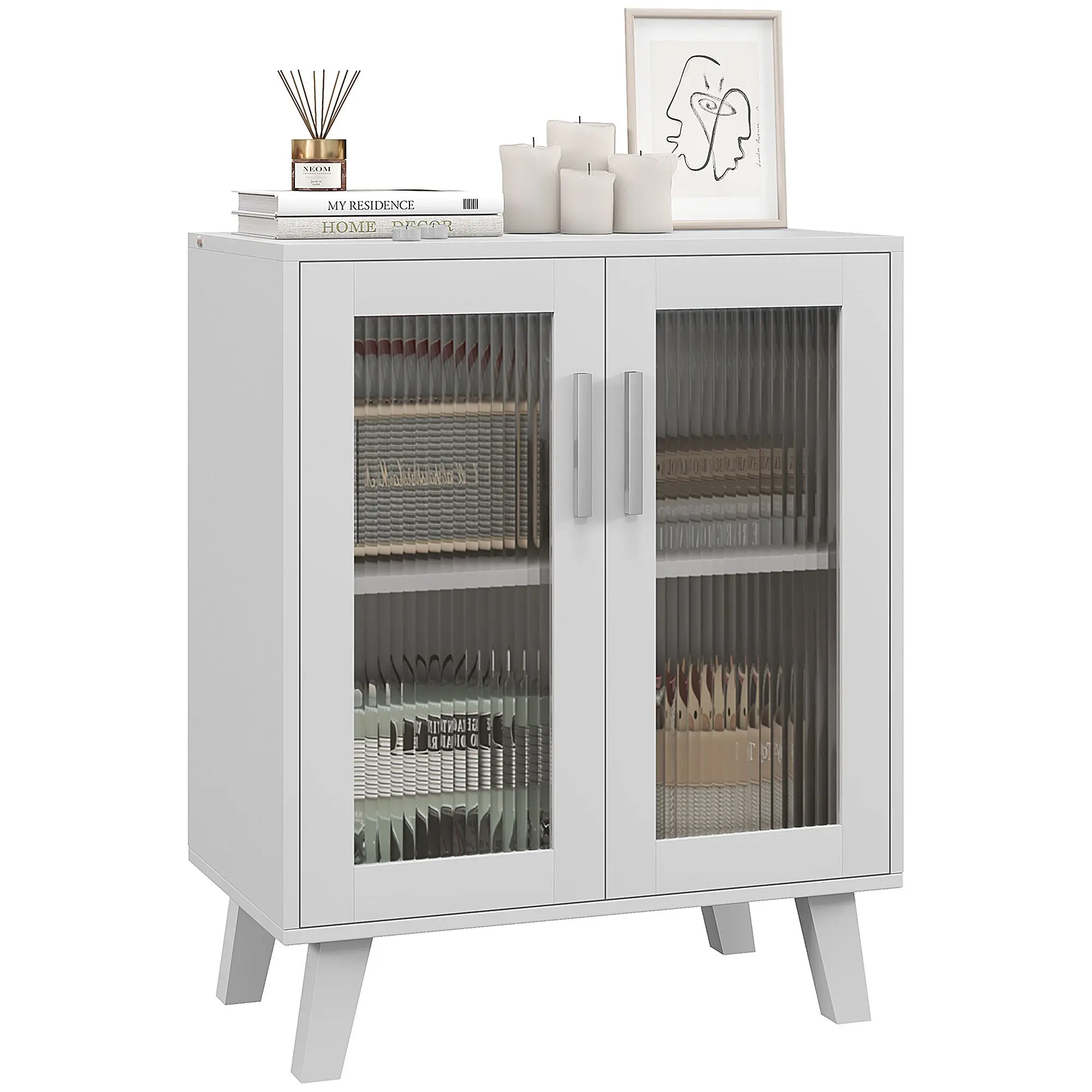 Modern Sideboard with 2 Transparent Doors, Multi-Purpose 2-Shelf Unit for Kitchen and Living Room, 61x35x75cm, White