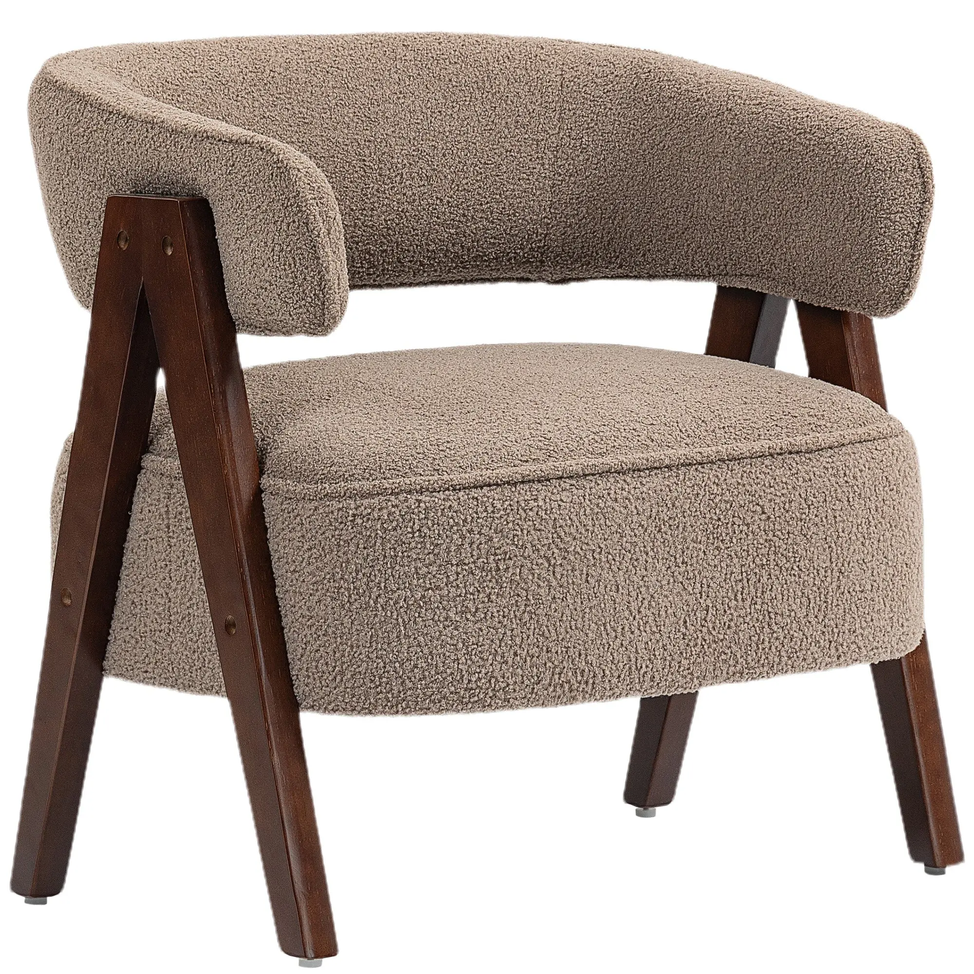 Bouclé Accent Chair – Upholstered Wide Seat, Ergonomic Back, Wood Legs & Steel Frame, Brown