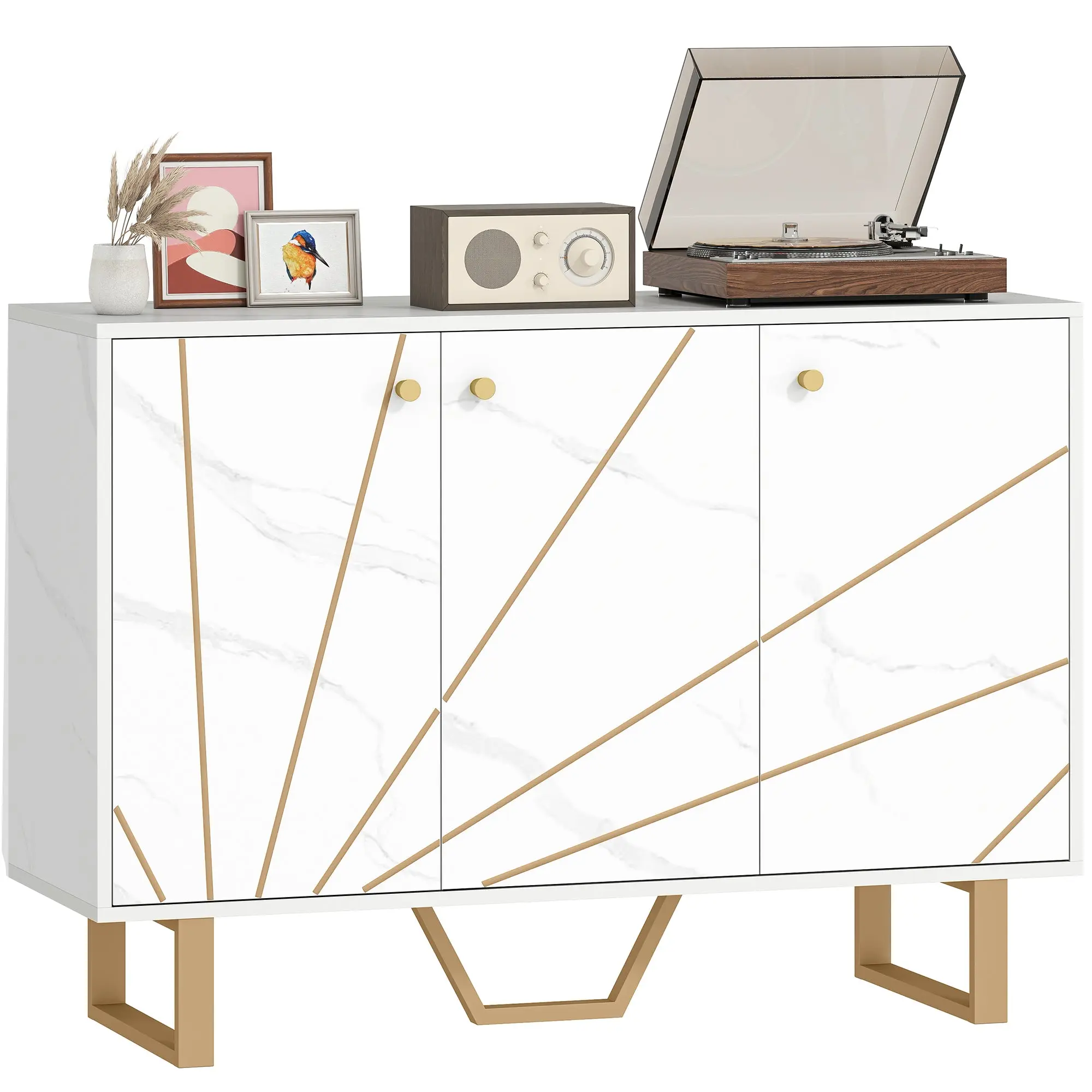 White Marble-Effect Sideboard Buffet with 3 Doors, 2 Cabinets & Adjustable Shelves, Metal Legs — 42.1 x 13.8 x 29.5 in
