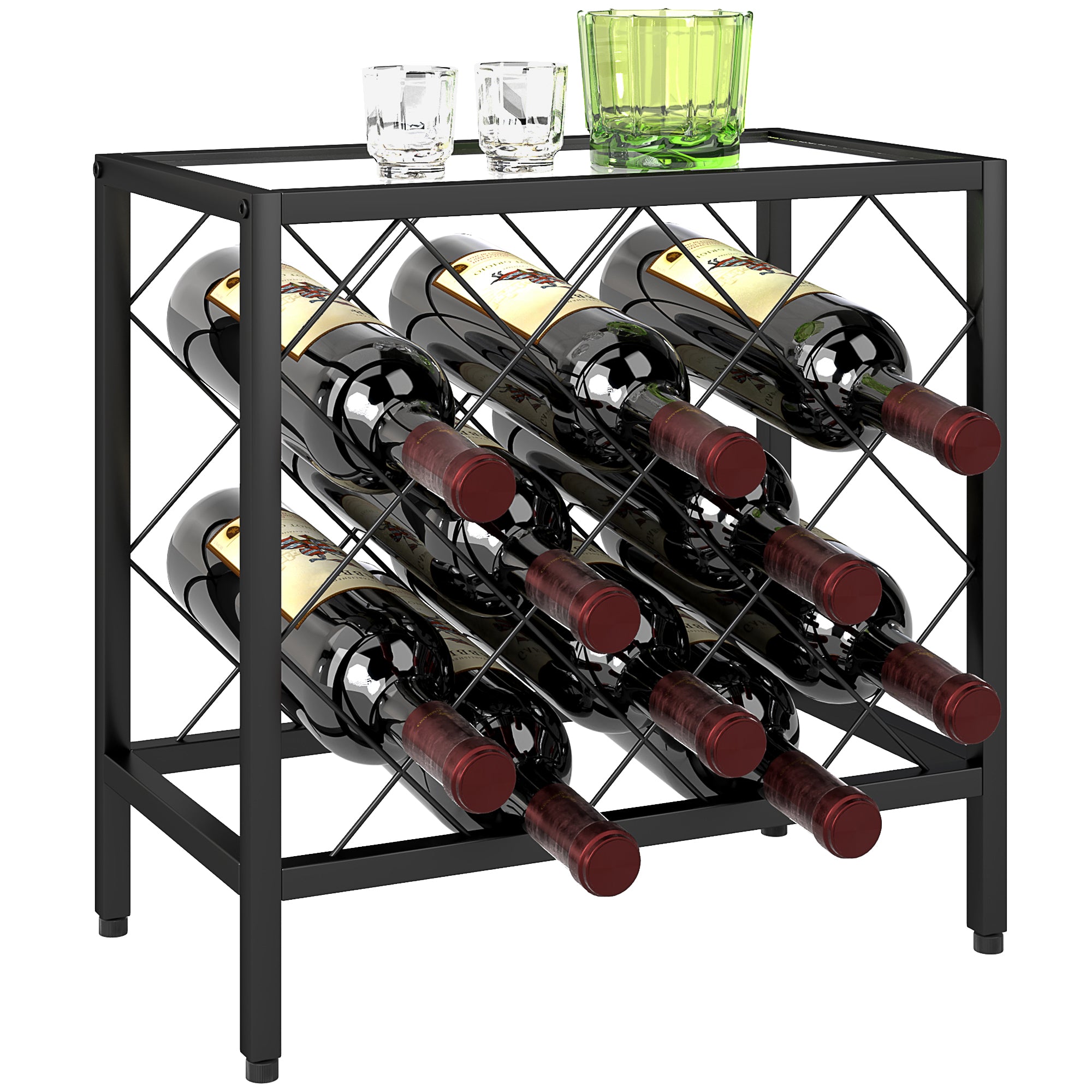 HOMCOM Weinregal für 10 Flaschen mit gehärteter Glasplatte und Stahlrahmen für Wohnzimmer und Esszimmer 41x22x41 cm Schwarz