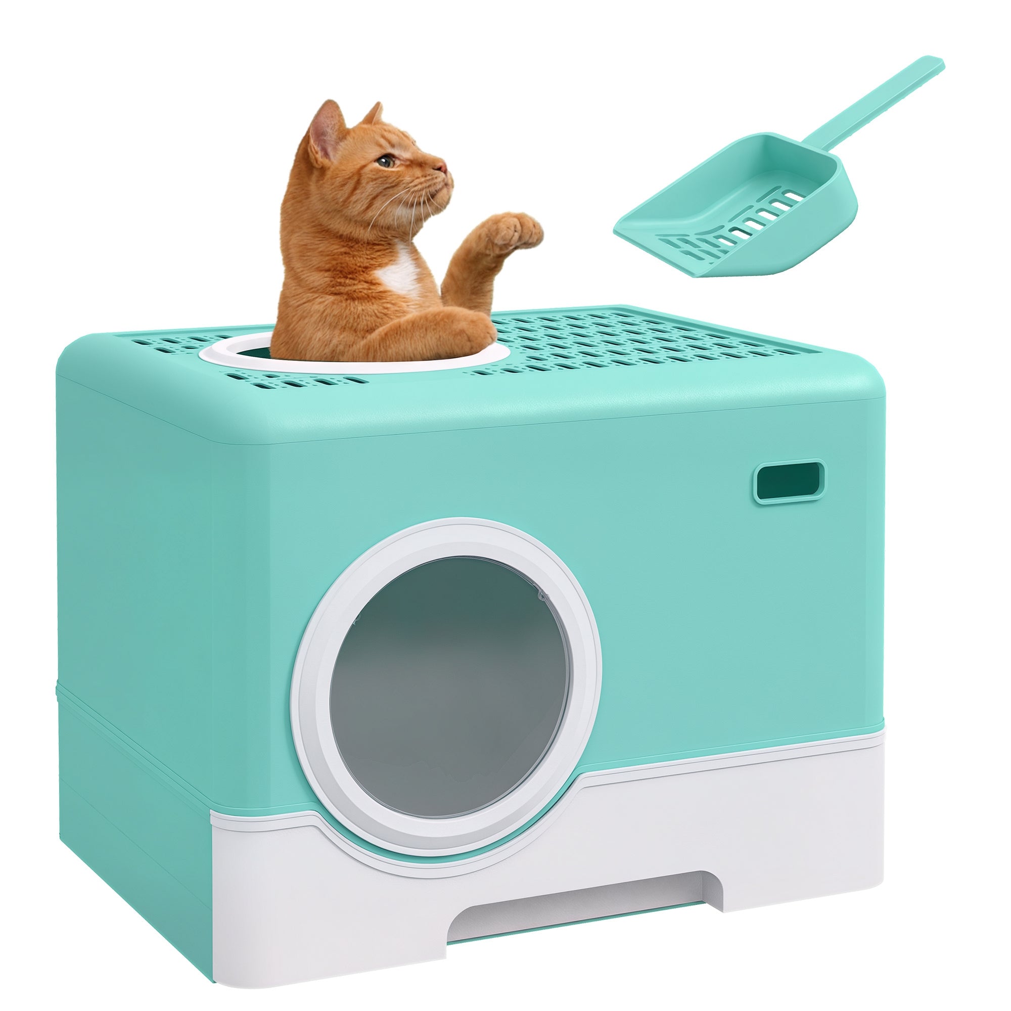 PawHut Kattebakke Pet Toilet med Ske, Aftagelig Bakke, 2 Døre, Hovedindgang og Topudgang 52x41x38,5 cm Grøn