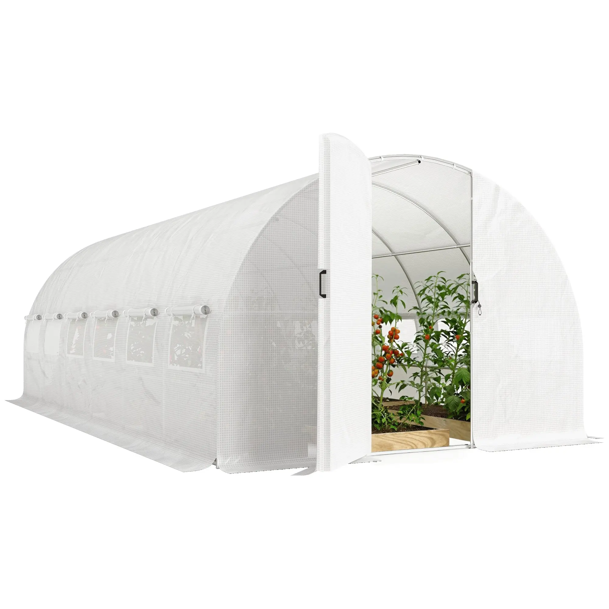 Tunnel Greenhouse 6×3×2 m (19.7×9.8×6.6 ft) — Hinged Door, Mesh Roll-Up Windows, 140 gsm PE Cover, Galvanized Steel Frame, White