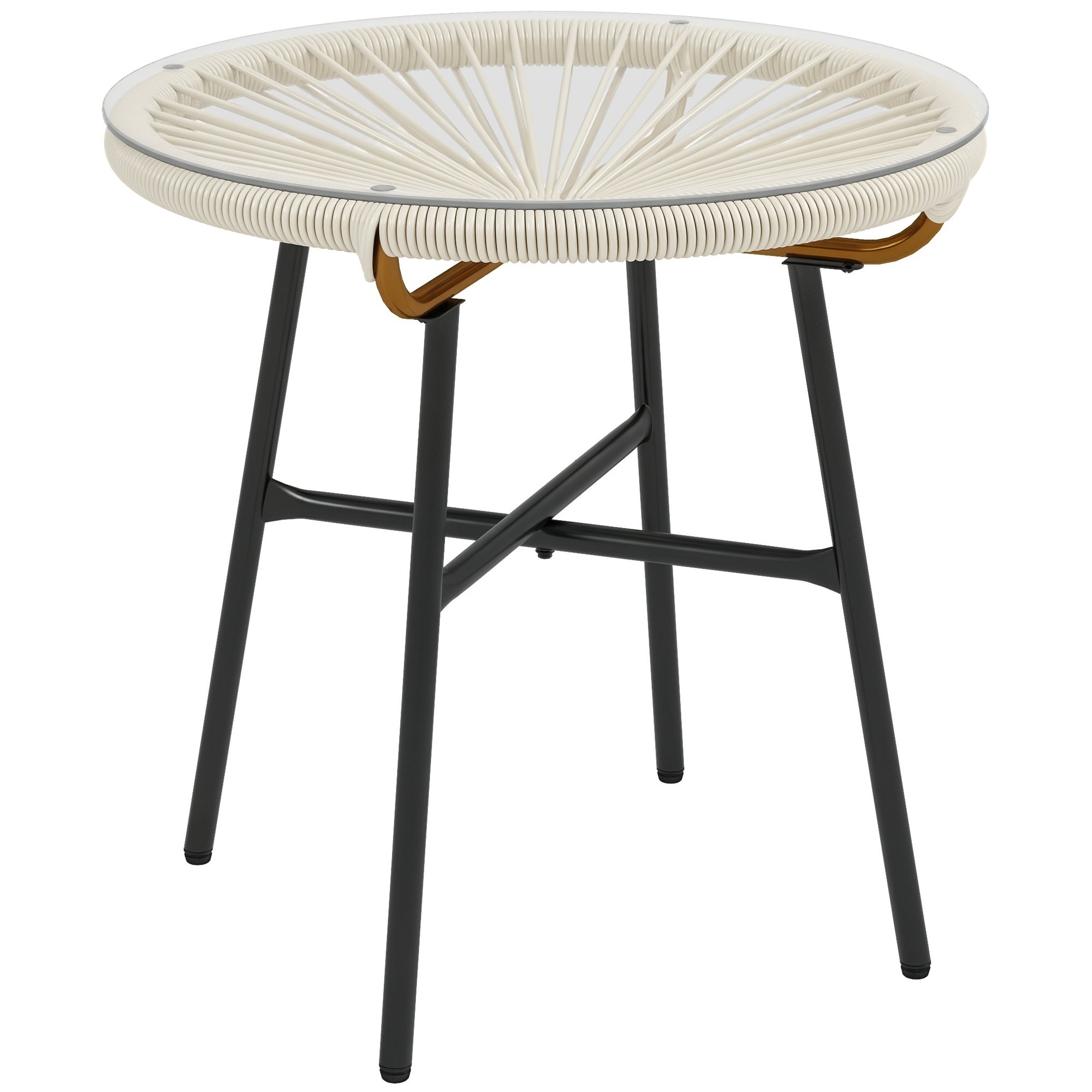 Outsunny Synthetesche Rattan Gartentisch Ronn Kafétisch fir Draußen mat Temperéiertem Glastopp an Metalbech fir Patio-Balkon Ø50x50 cm Crème