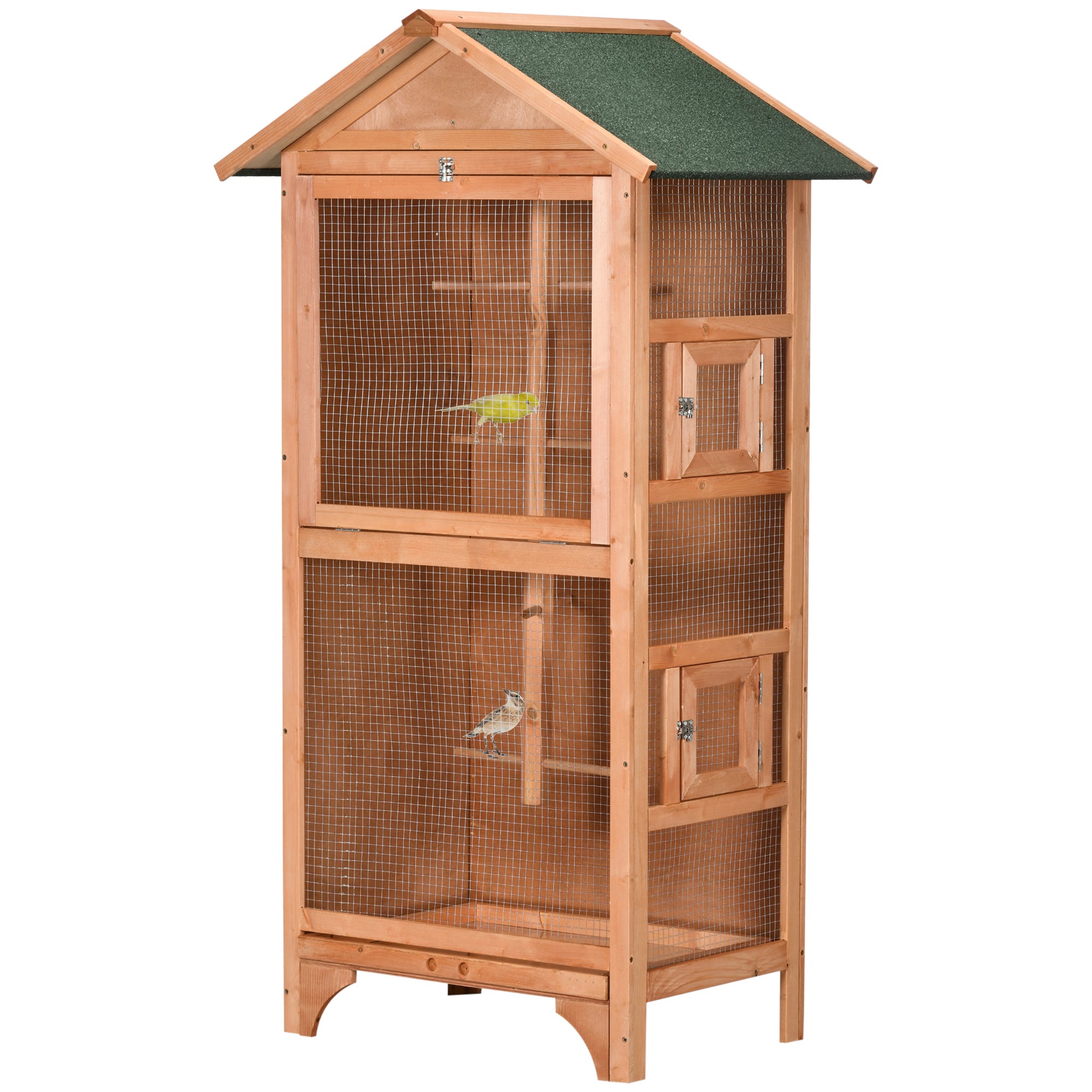 PawHut Vullenkäfsch Aviary Hëlze Vullënschacht mat 3 Dieren 4 Perche Removabel Tray a Asphalt Dach 80,5x57x153 cm Natierlech