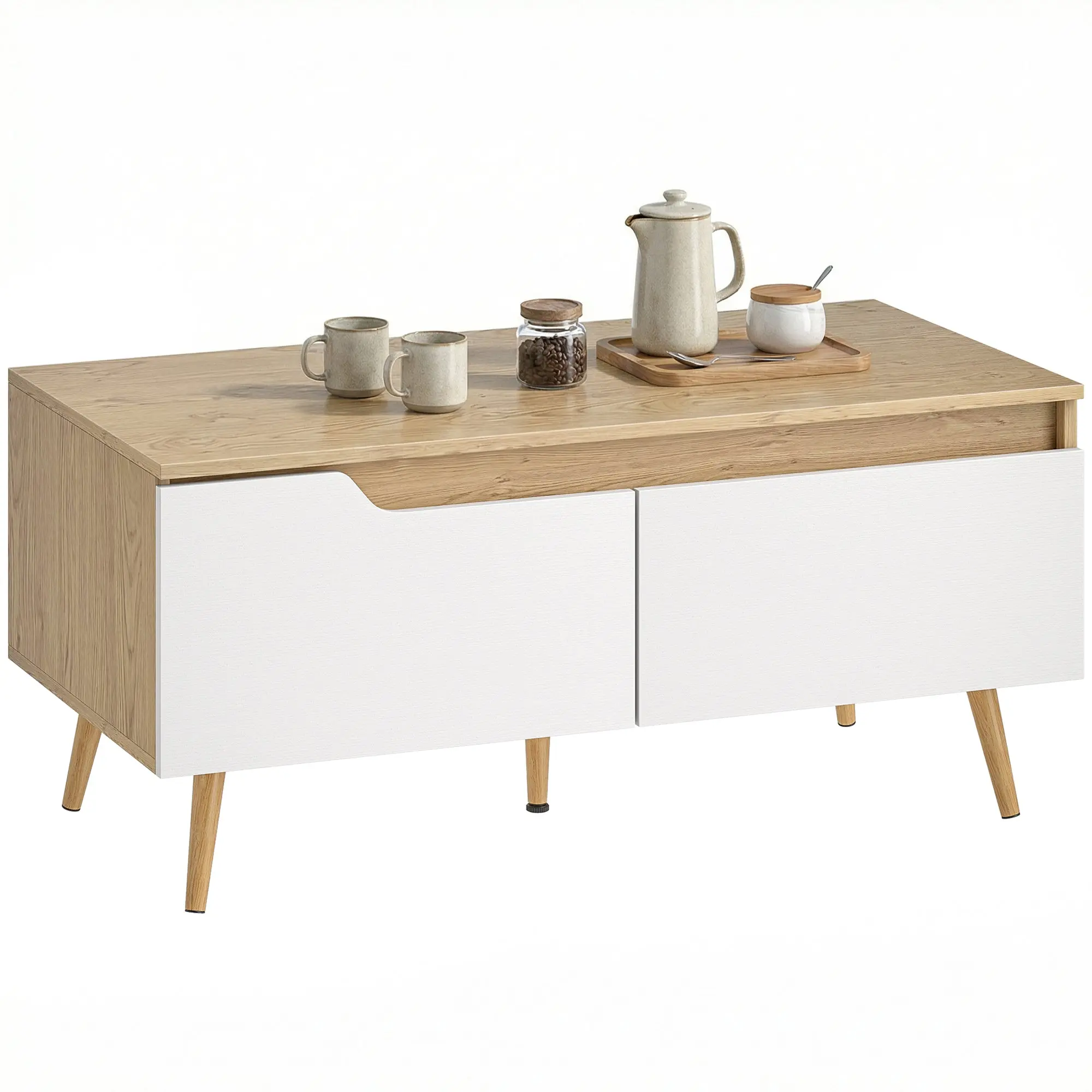 Coffee Table — Modern Low Living Room Table with 2 Drawers, Pine Legs, 39.4" x 19.7" x 18.1", Oak