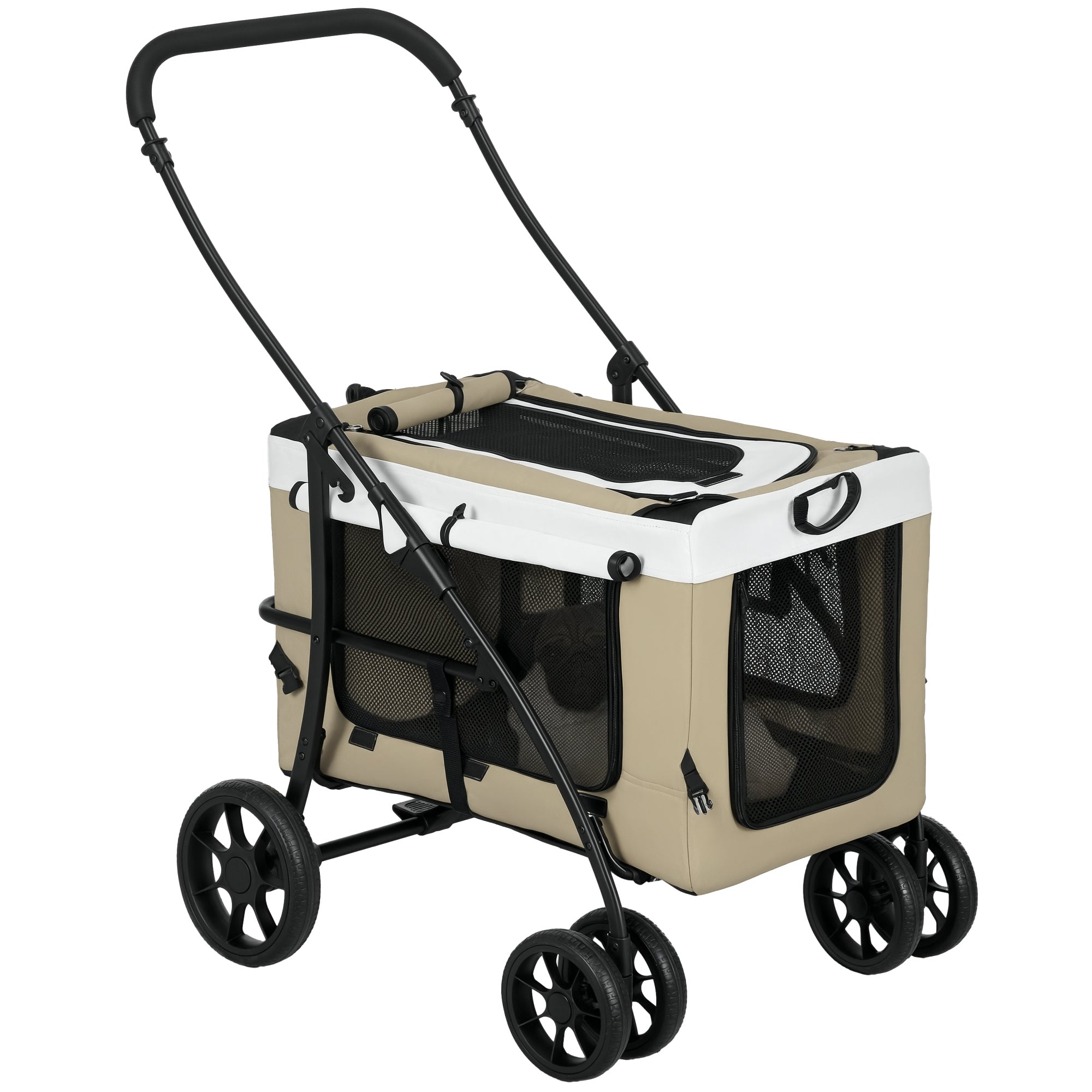 2 in 1 Dog Stroller Pet Stroller Foldable for Dogs & Cats up to 10 kg Cat Stroller with Cushion Mesh Windows Doors Storage Basket Cat Carriage Buggy Khaki