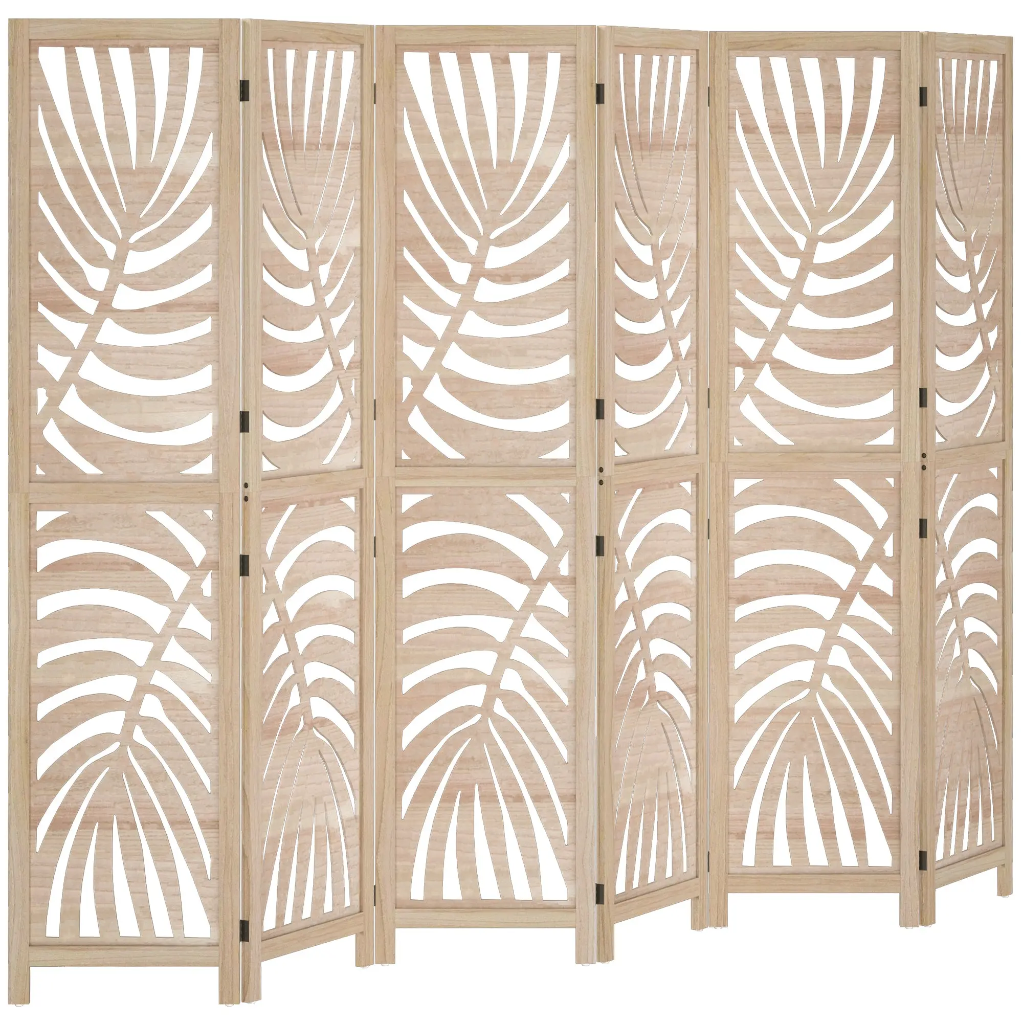 6-Panel Indoor Wooden Room Divider, 240 x 170 cm, Foldable Portable Partition with Palm Leaf Design, Natural Wood