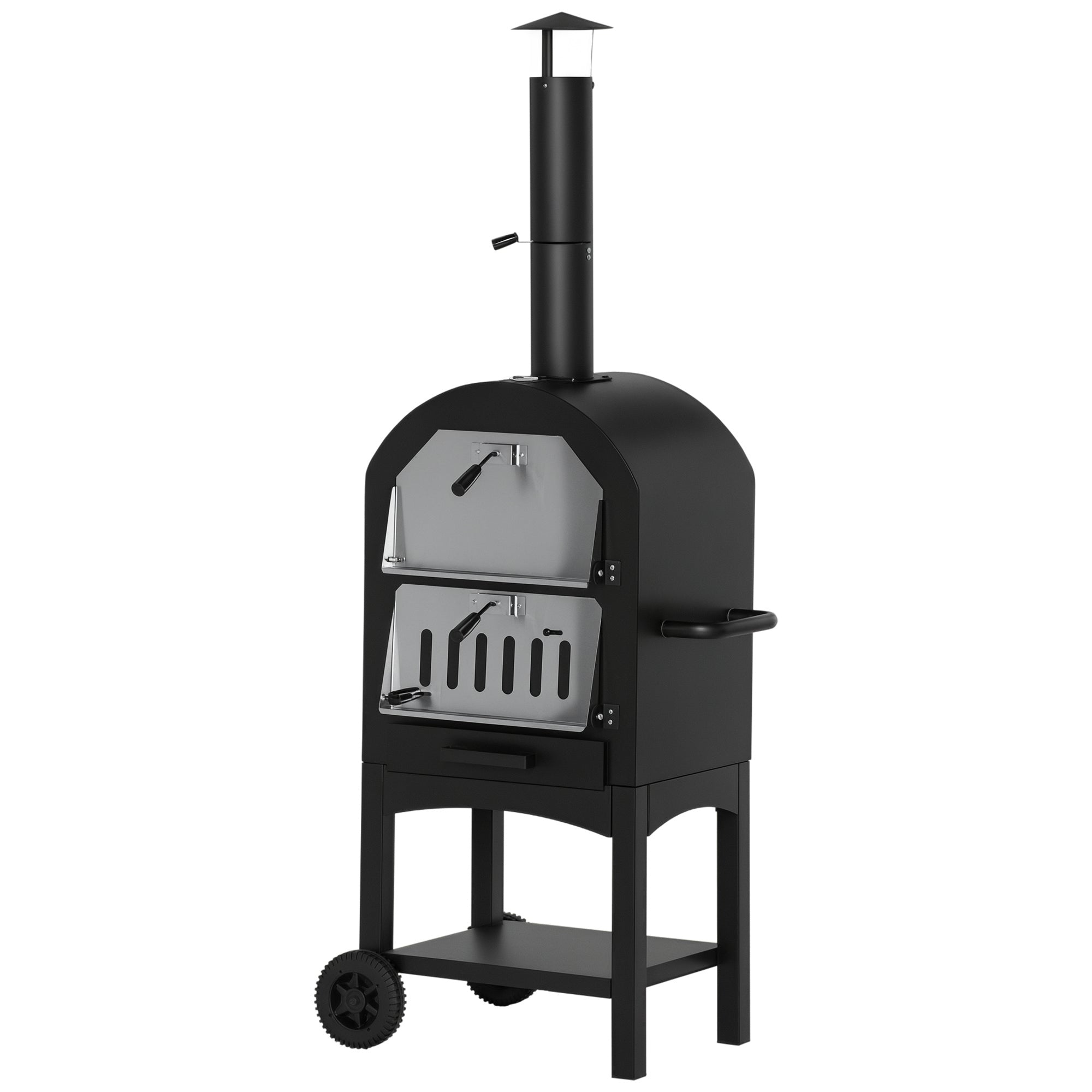 Outsunny 2-in-1 Ulkokäyttöinen Pizzauuni Pyörillä BBQ Grilli Suojuksella Pizzalasta 2 Grilliä Viritin Savupiippu 3-Tasoista Puulämmitteistä Uunia BBQ Terästä Musta+Hopea 63 x 54 x 161 cm