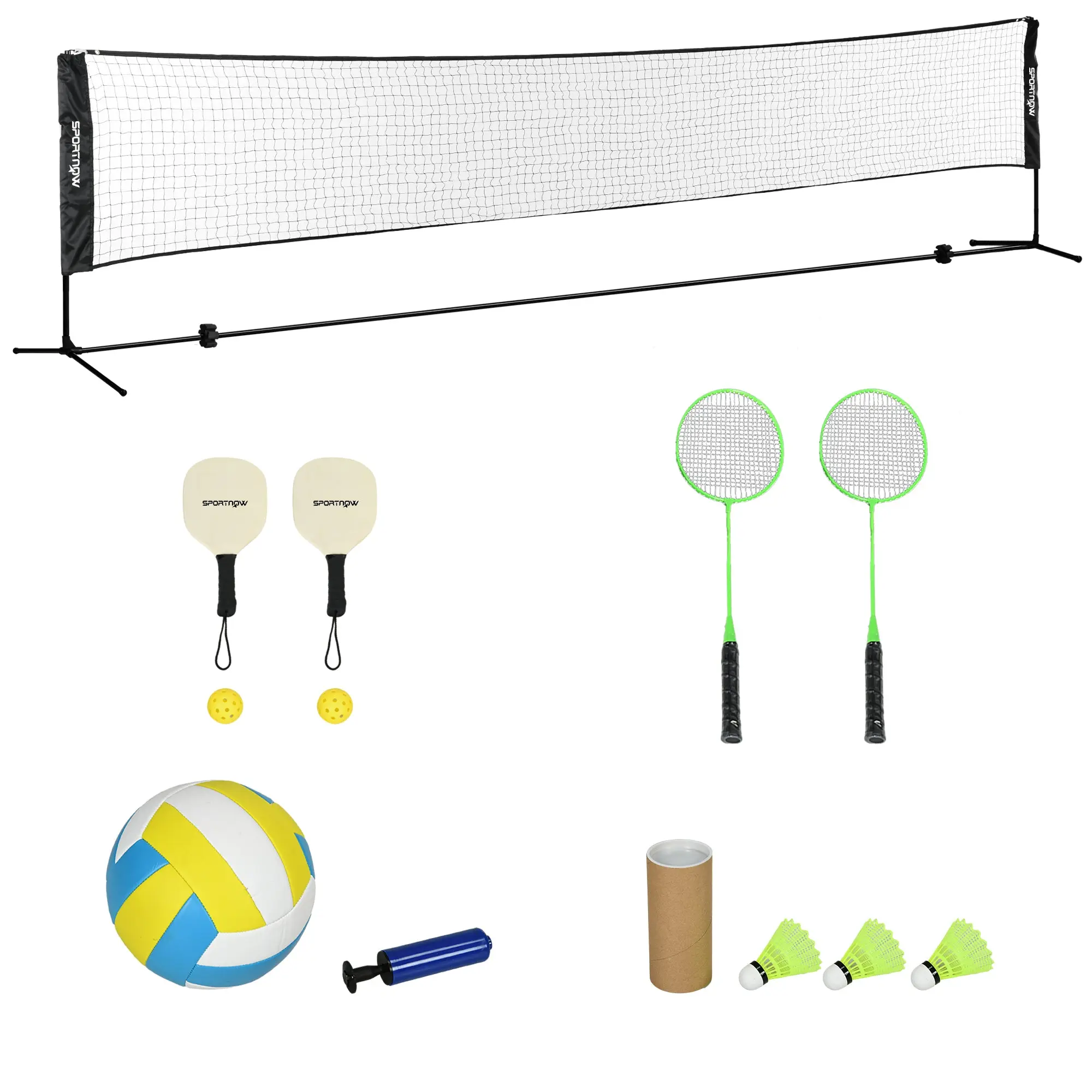 SPORTNOW Complete set of badminton, pickleball, and volleyball, 3 in 1, outdoor sports games with adjustable net height 107-155 cm