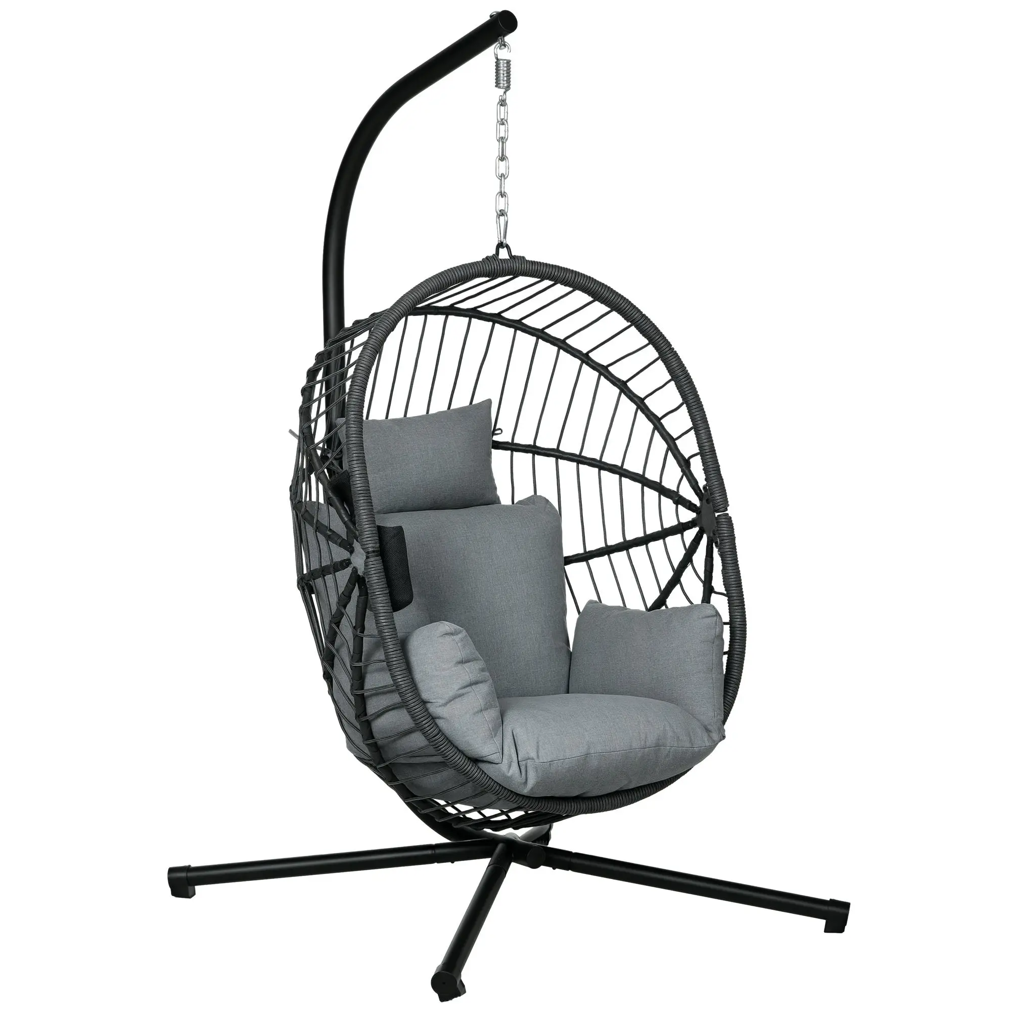 Hanging Chair with Stand, Egg-shaped Hanging Swing with Removable Cushion, Cup Holder, Foldable Hammock for Outdoor Hanging Chair Indoor Outdoor, Patio, Garden, Gray