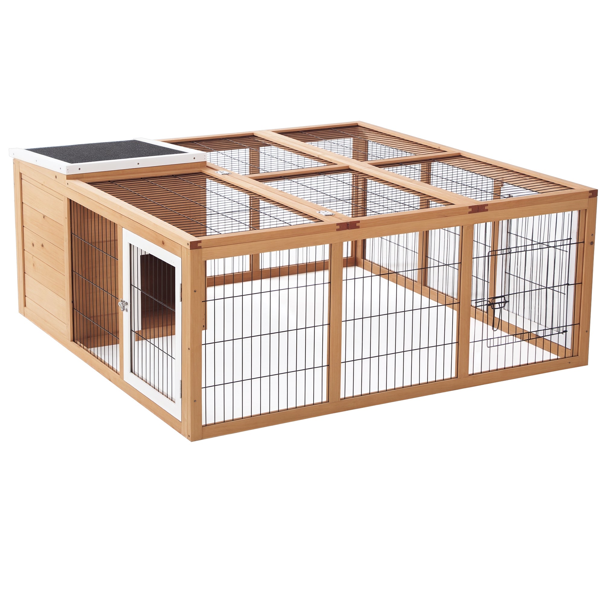 Rabbit Hutch with Outdoor Run, Wooden Small Animal Enclosure with Openable Roof, Guinea Pig Cage with Resting House, Mesh Run, 3 Access Doors and Asphalt Roof, Natural