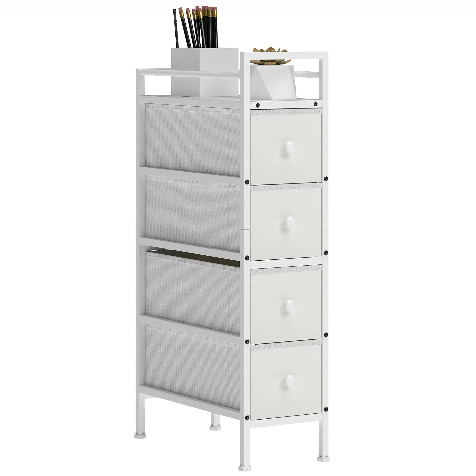 4-Drawer Fabric Chest — Narrow Steel-Frame Dresser for Small Spaces, Living Room, Closet, Bathroom, White