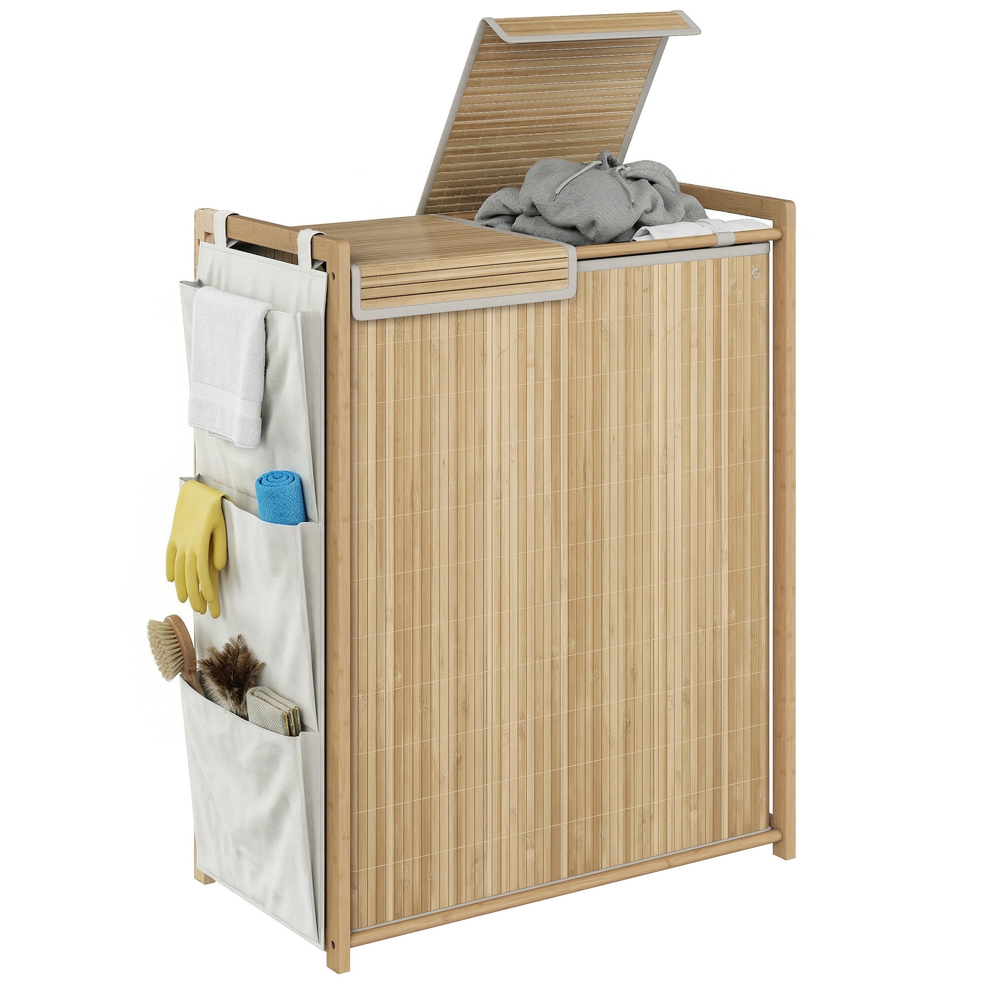 HOMCOM Bambus-Wäschkott 120 L mat Deckel, 2 Fächer, ofhuelbar zuchbëlleg a wäschbar Innenbeutel, Säitetaschen, 63 x 33 x 78 cm, natierlech