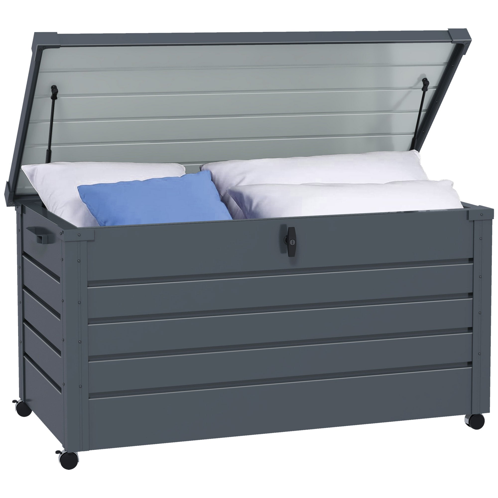 Coffre de rangement extérieur Outsunny 311 L en acier galvanisé avec 4 roues, 2 poignées et 1 serrure pour jardin, patio 120x62x66 cm Gris foncé