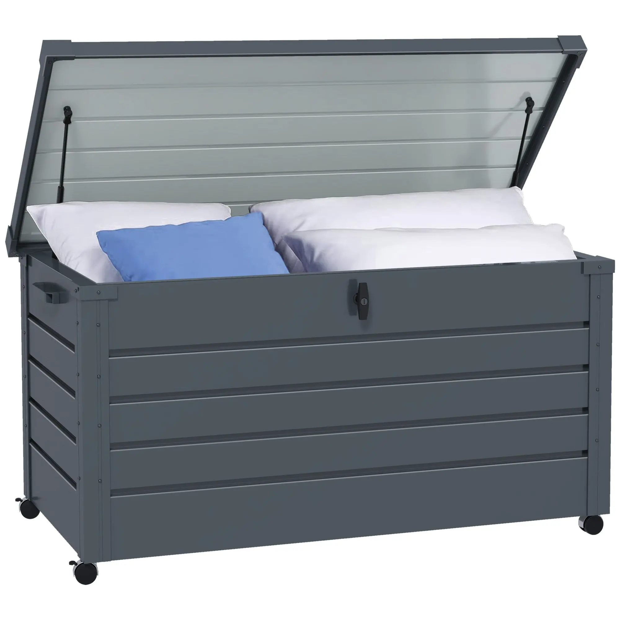 311 L Outdoor Storage Chest Galvanized Steel Storage Box with 4 Wheels 2 Handles and 1 Key Lock for Garden Patio 120x62x66 cm Dark Gray