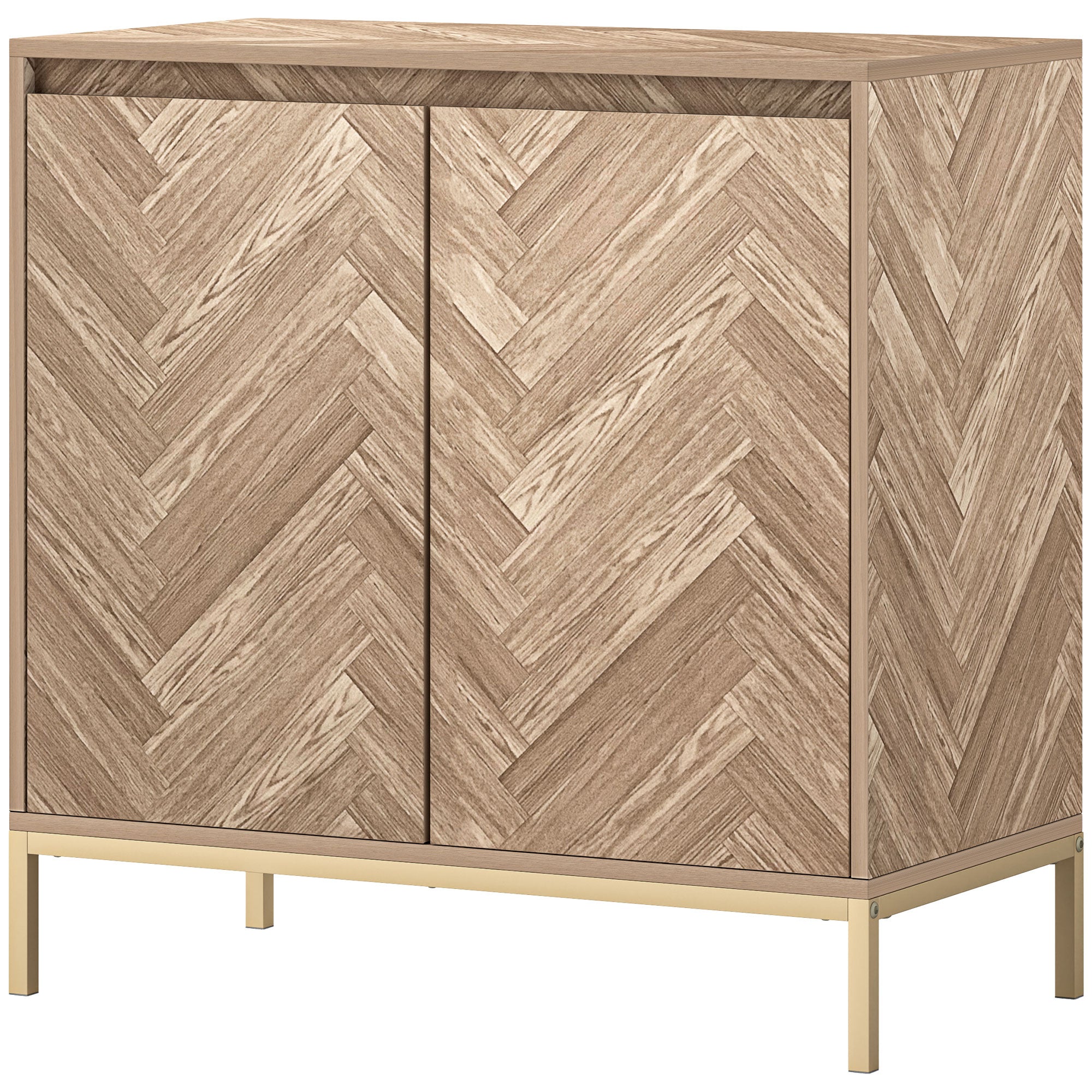 HOMCOM Skandináv Stílusú Tárolószekrény 2 Chevron Ajtóval, Állítható Polccal és Acél Lábakkal, Tárolószekrény Nappaliba, Étkezőbe, mérete: 78 x 40 x 78 cm, Tölgy