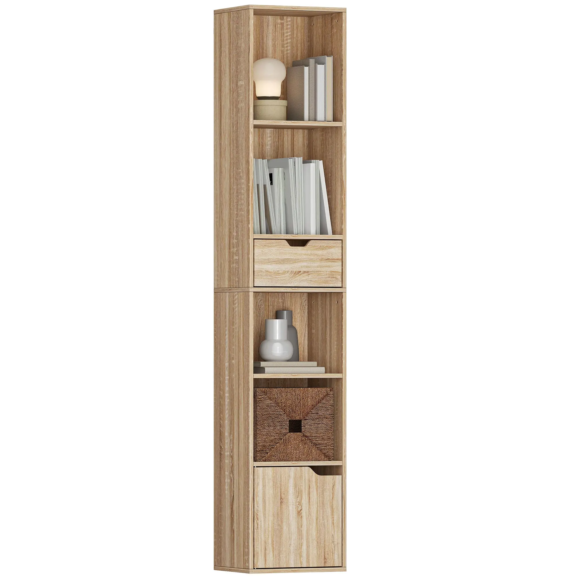 Narrow Bookcase – 4-Shelf Storage Unit with Drawer & Cupboard, Natural Wood, 11.8 x 9.4 x 62.2 in (30 x 24 x 158 cm)