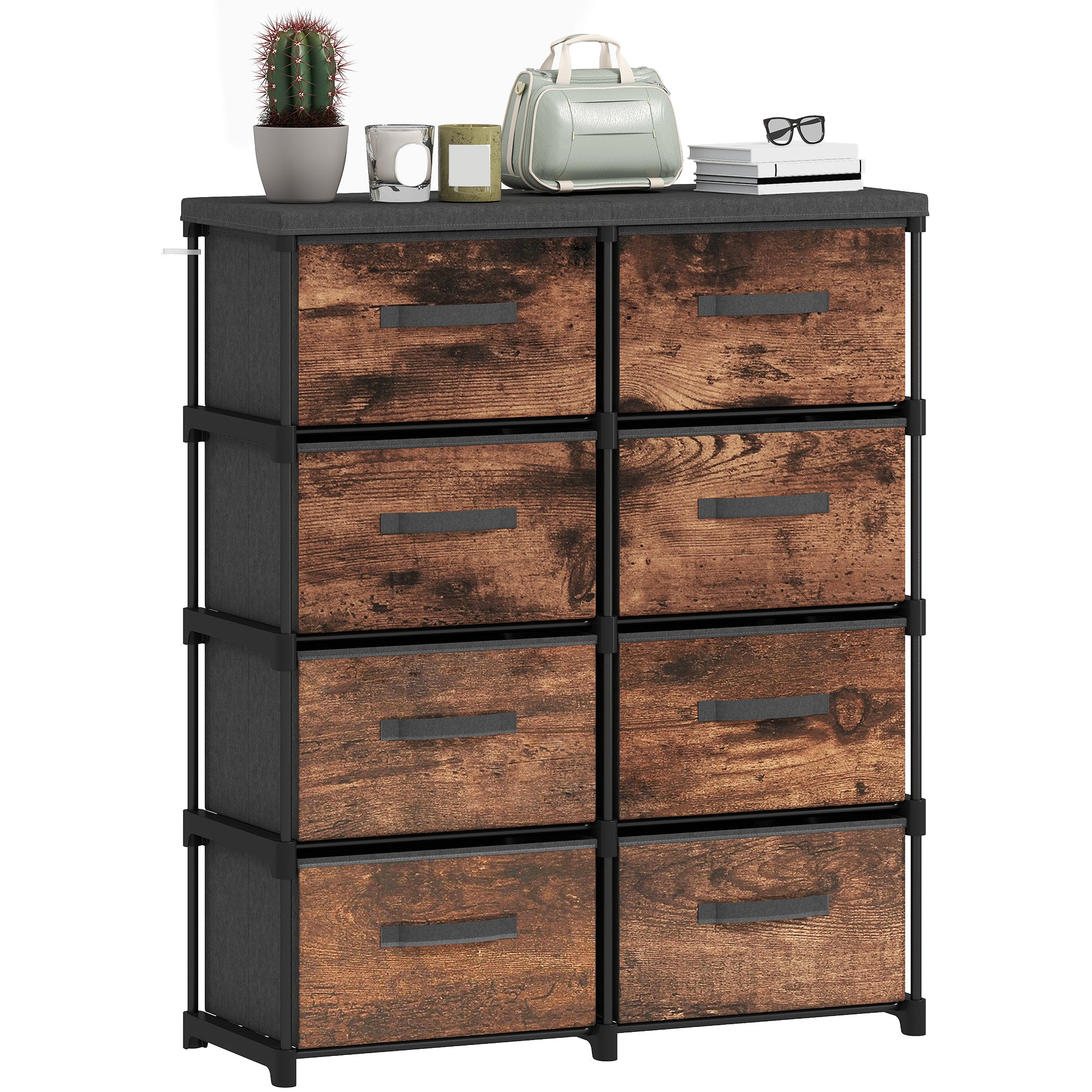 Space-Saving 8-Drawer Fabric Dresser, Industrial Metal Frame for Bedroom, Bath & Living Room — Rustic Brown, 33.3 x 12.0 x 39.4 in