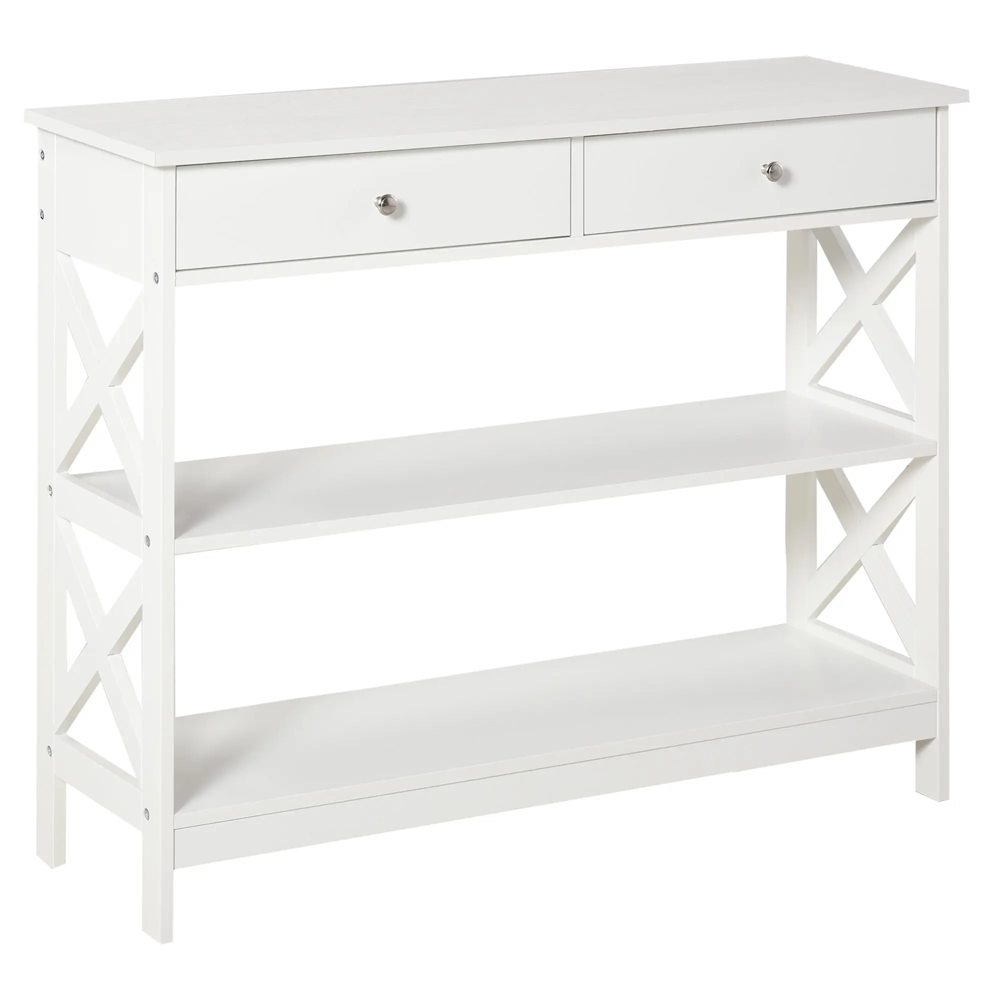 Entryway Console Table with 2 Drawers and 2 Lower Shelves Modern Furniture Raised Base Anti-Topple Device 100x30.5x80 cm White