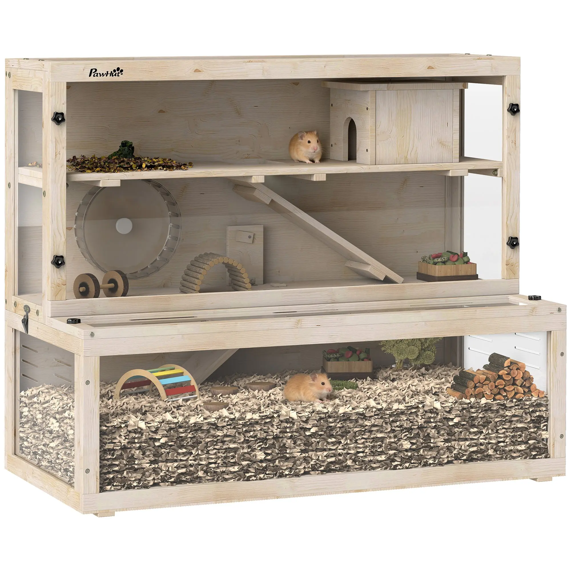 Wooden Hamster Cage, 100 x 50 x 84 cm (39.4 x 19.7 x 33.1 in) – 3-Tier Small Animal Hutch with Viewing Window, Running Wheel, Ramp & House – Natural Wood