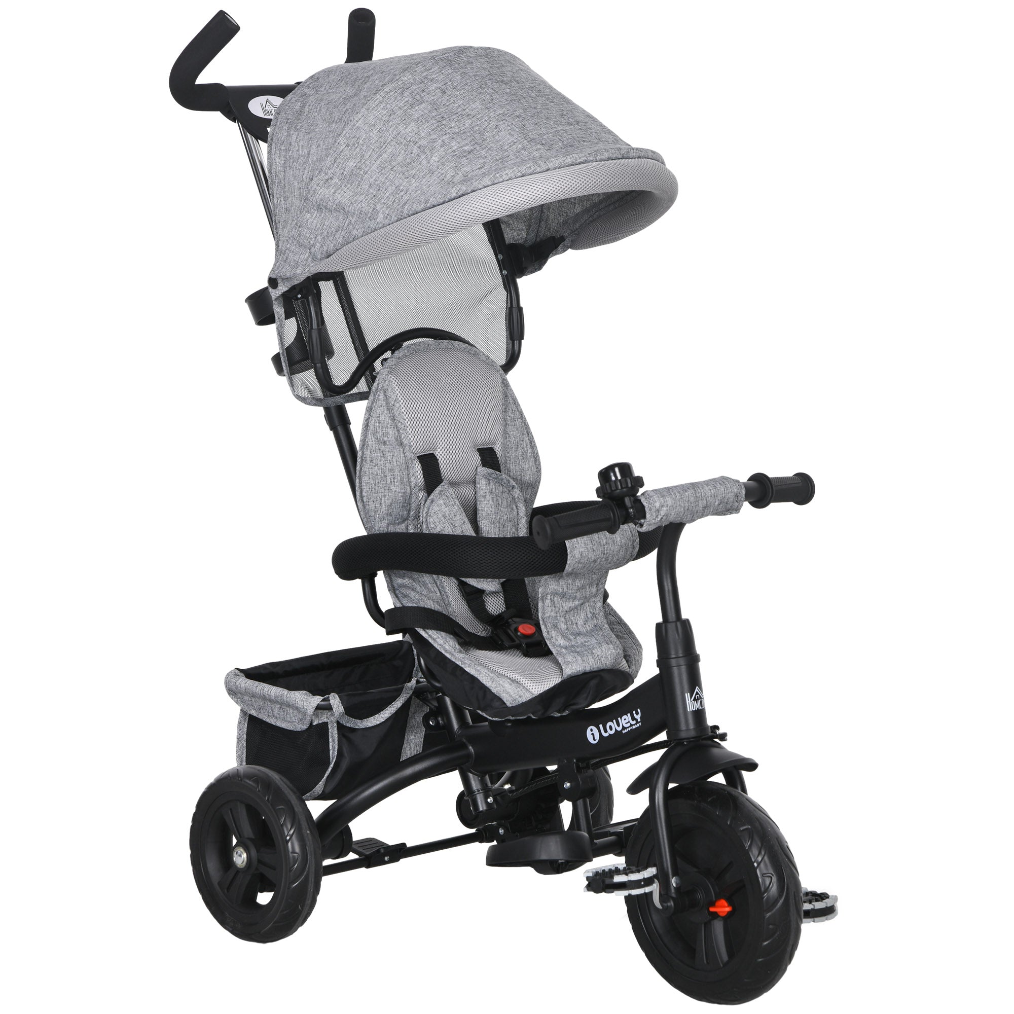 6-in-1 Tricycle with Handle, Children's Tricycle with Removable Sun Canopy, Balance Bike with 5-Point Safety Belt, Basket, Cup Holder, for 1-5 Years Children, Gray