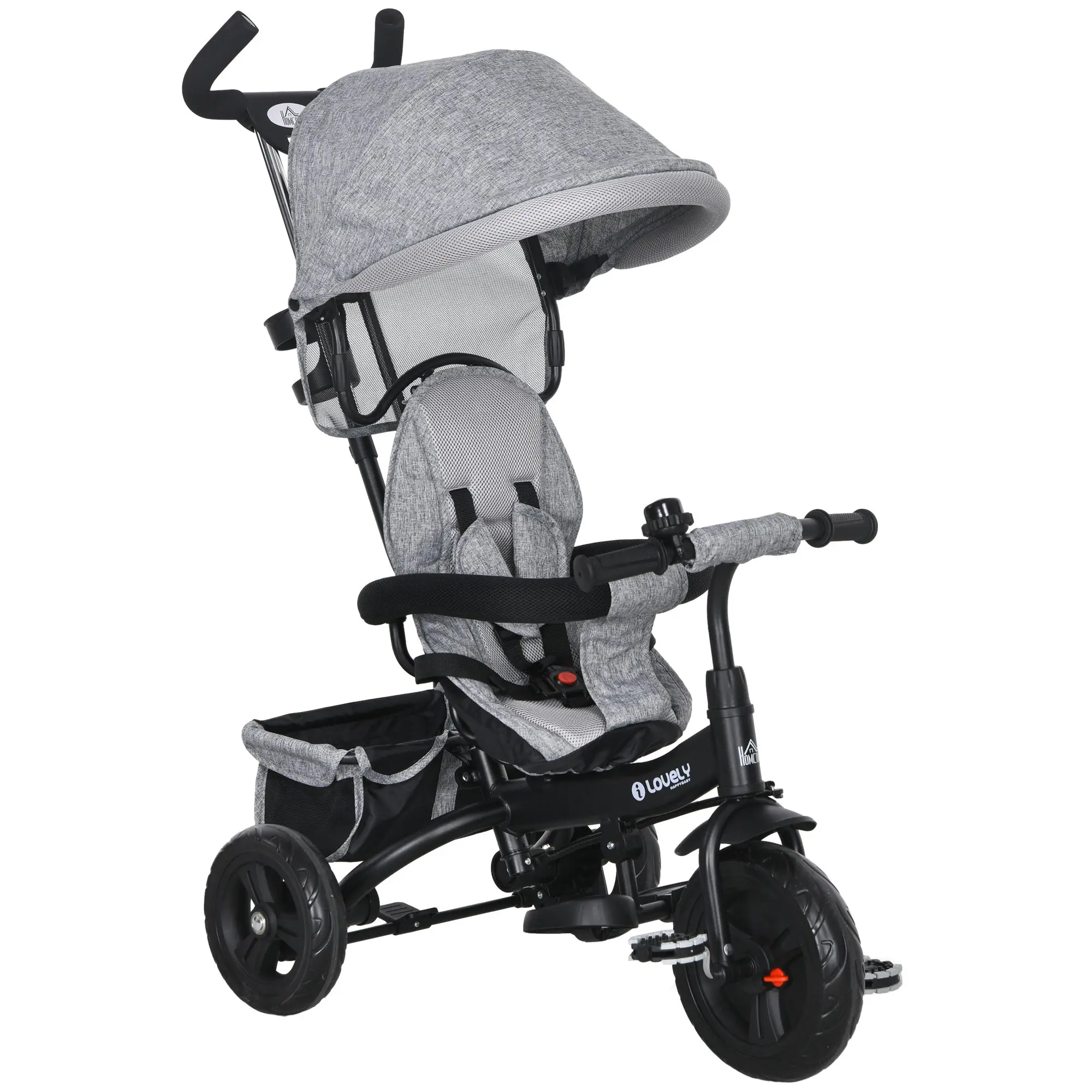 6-in-1 Tricycle with Handle, Children's Tricycle with Removable Sun Canopy, Balance Bike with 5-Point Safety Belt, Basket, Cup Holder, for 1-5 Years Children, Gray