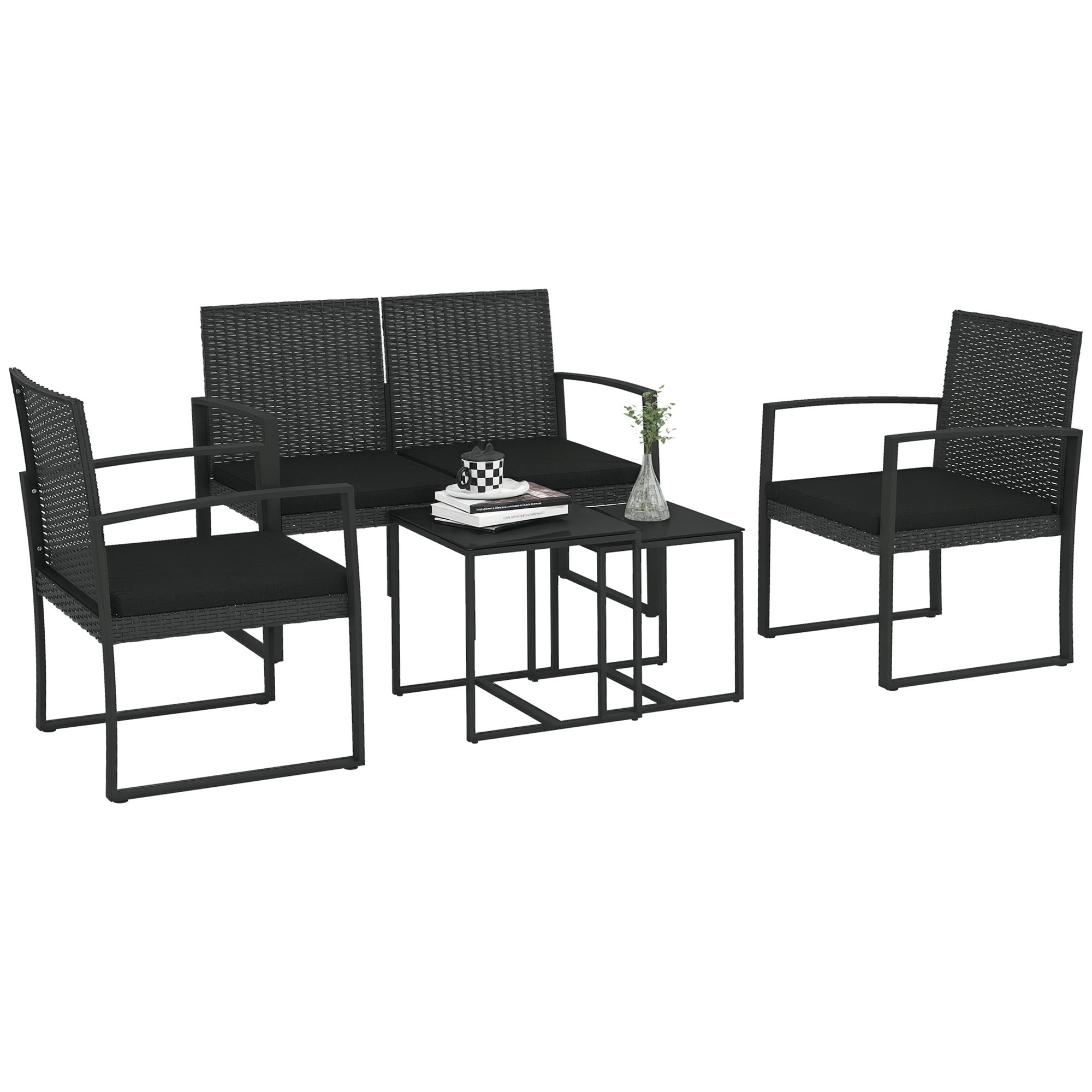 Outsunny Gartenmöbel-Set mit Kunst-Rattan, 5-teiliges Outdoor-Sofa-Set mit 2 Sesseln, 1Zweisitzer-Sofa und 2 Couchtischen für Terrasse und Garten in Schwarz
