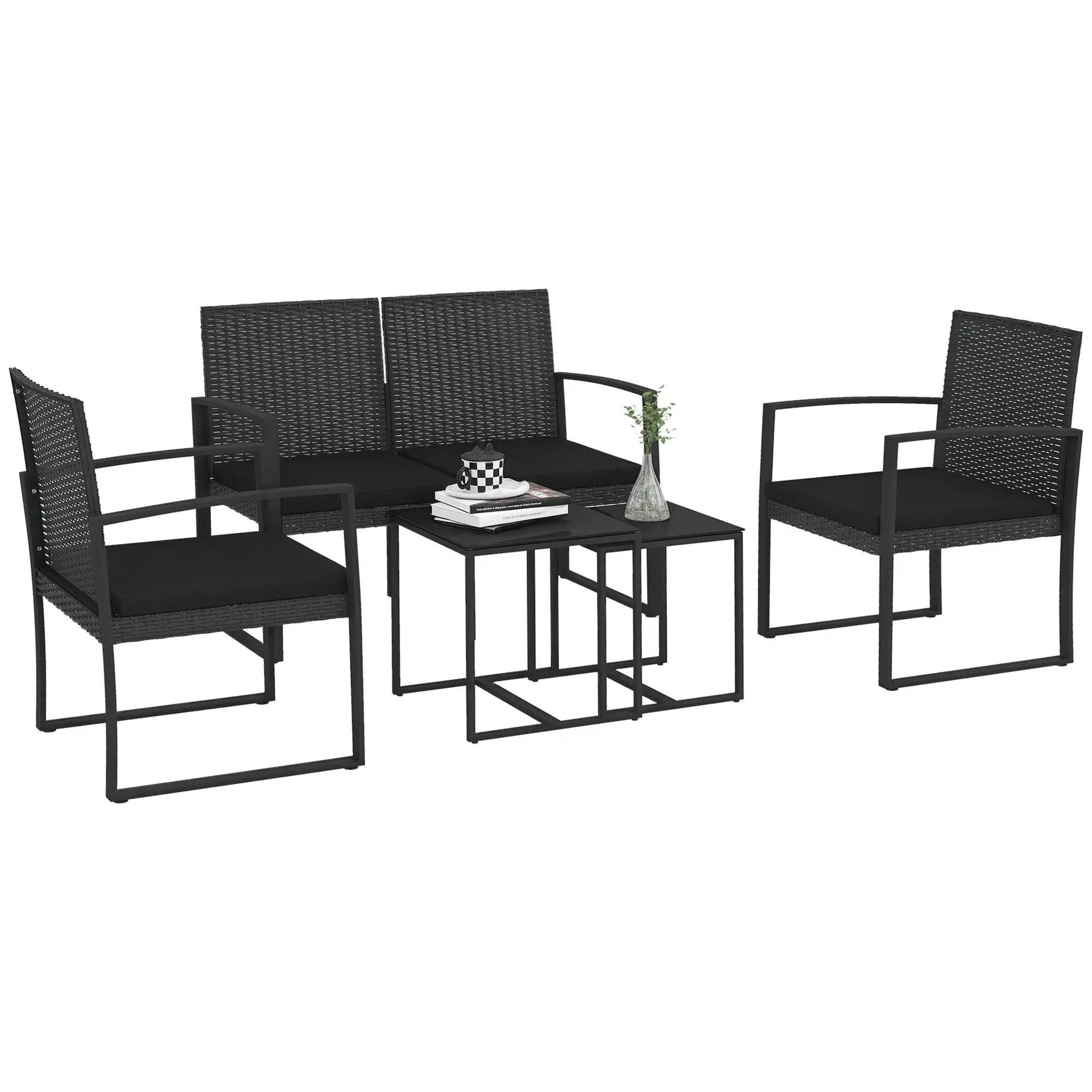 Synthetic Rattan Garden Furniture Set 5-Piece Outdoor Sofas Set with 2 Single Sofas, 1 Double Sofa, and 2 Coffee Tables for Patio Terrace Black