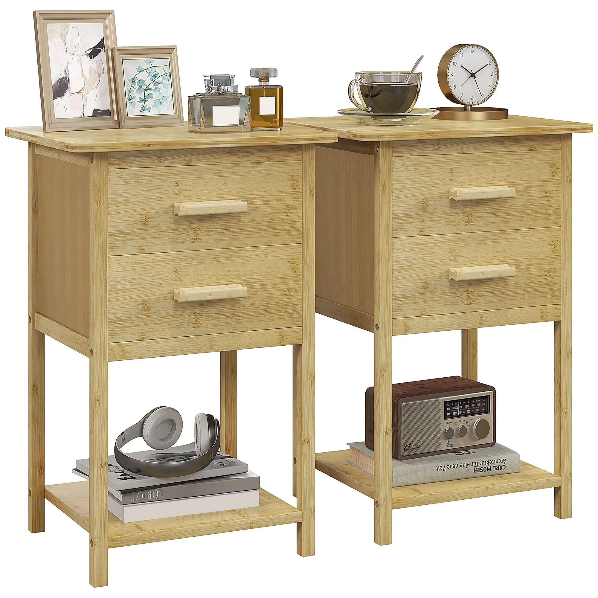 2-Piece Nightstand Set, Bedside Table with Drawer, Shelf, Night Stand with Handle, for Bedroom, Living Room, Natural, 40 x 34 x 60 cm