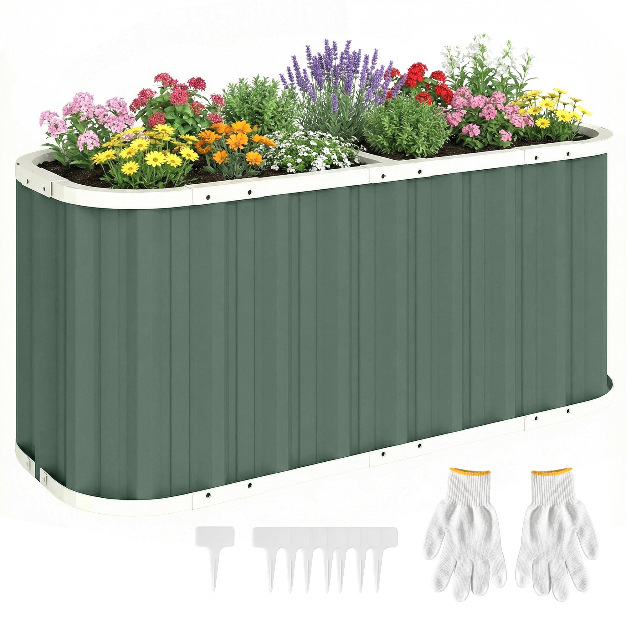 Outsunny pozinkovaný vyvýšený zahradní záhon, 136 × 53 × 61 cm — hluboký květináč s ochrannými okraji, značky rostlin a rukavice, otevřené dno, snadná montáž pro zahradu i balkon