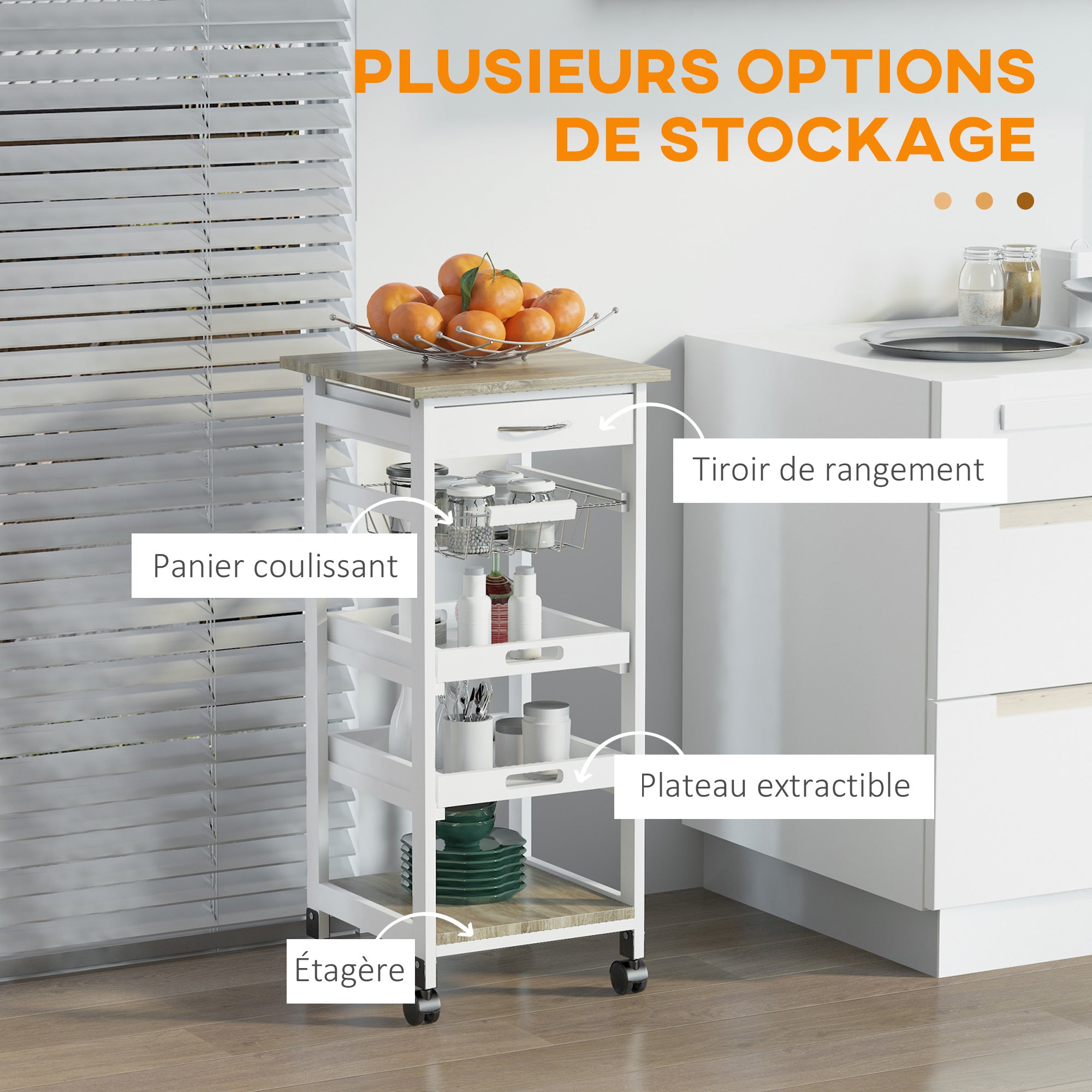 White MDF Light Oak and Pine Wood Kitchen Trolley with Basket + 2 Removable Trays, Drawer, Shelf