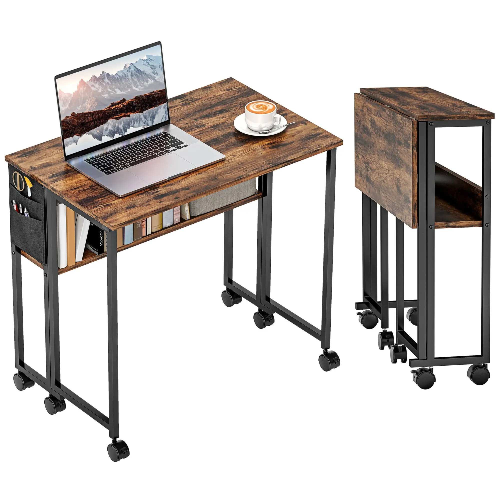 Foldable Rolling Computer Desk, 31.5 x 19.7 in with Shelf and Side Storage Bag, Compact Home Office Table, Rustic Brown