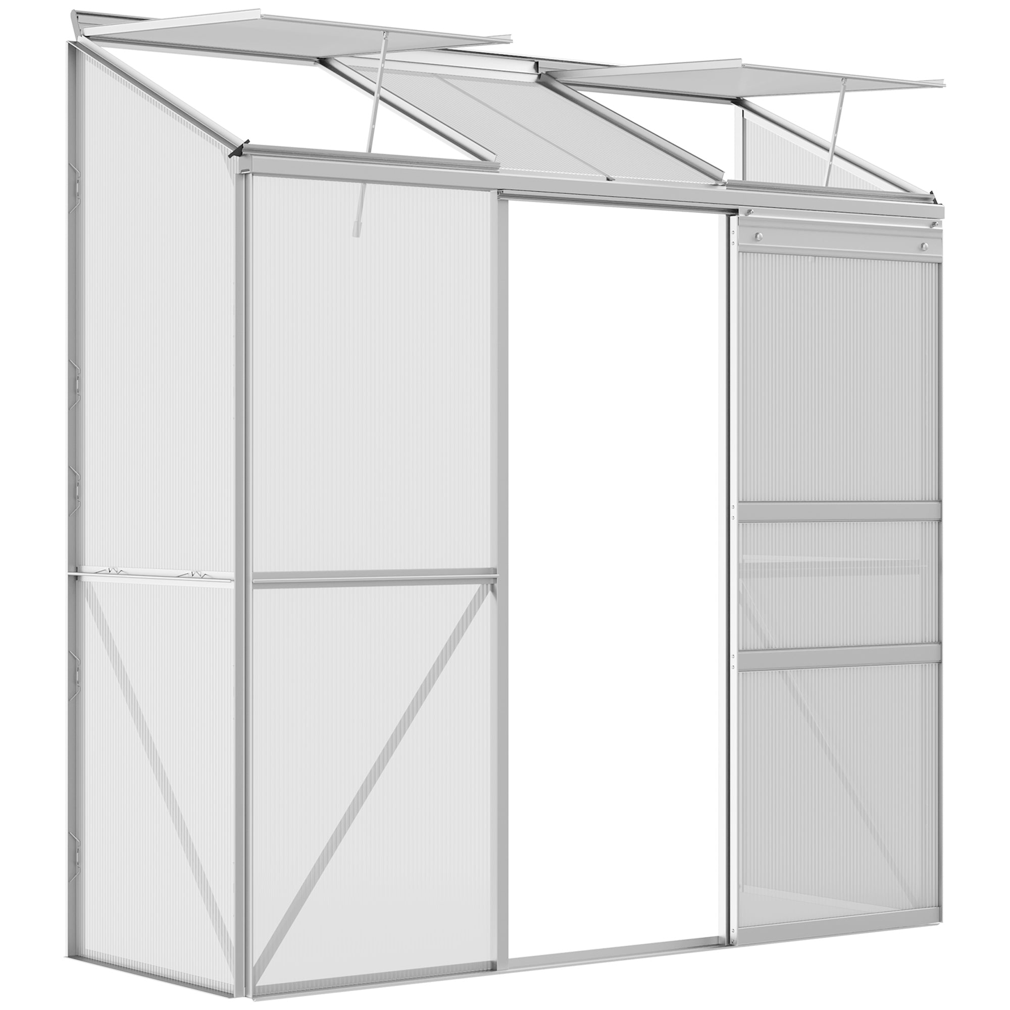 Outsunny Kweekkas, Aangrenzende Kweekkas met Schuifdeur, Vouwpanelen voor Ventilatie, Tomatenkas, Plantenhuis voor de Tuin, gemaakt van Polycarbonaat en Aluminium, Zilver, 192 x 68 x 196 cm
