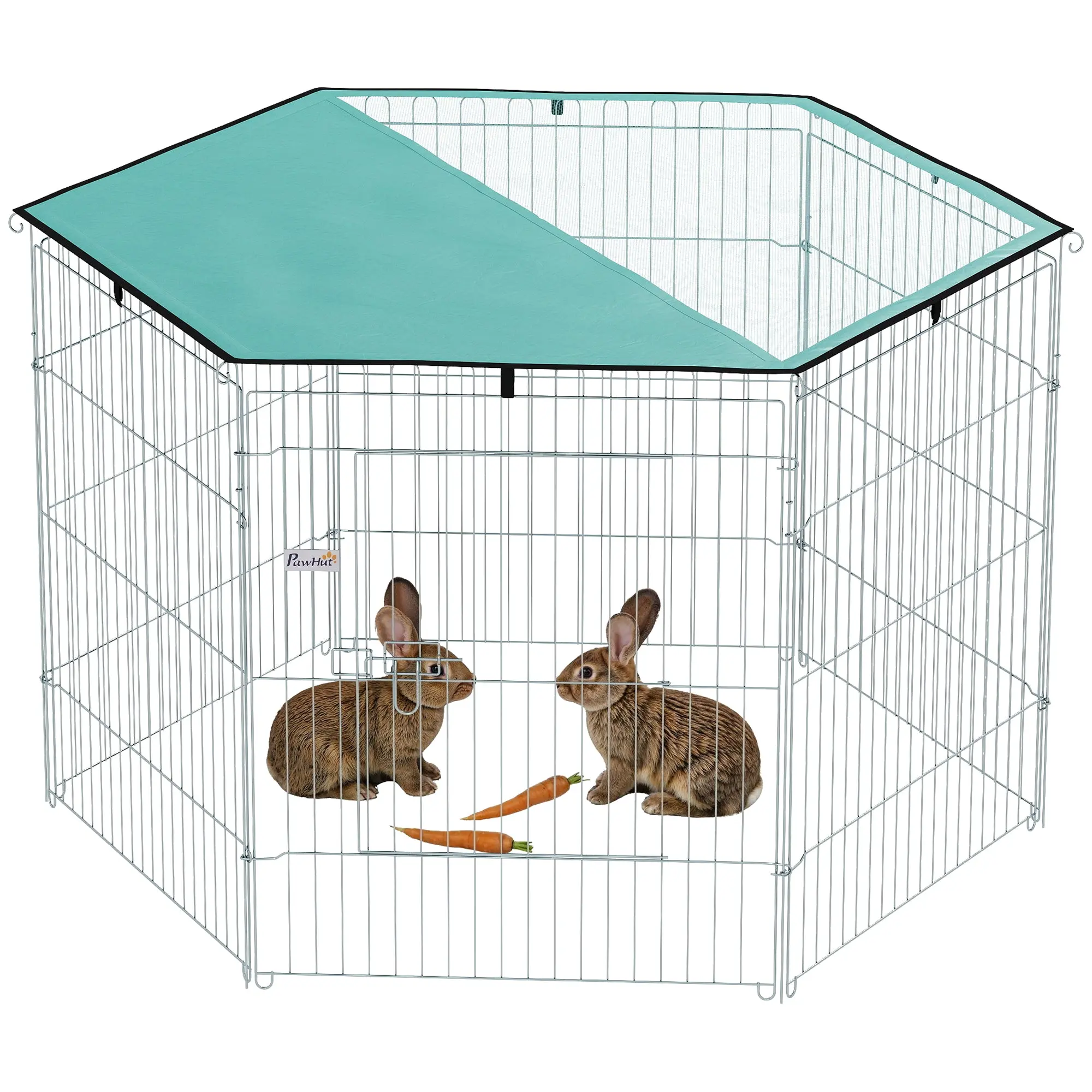 Dog Playpen — 6-Panel Enclosure with Roof, Modular & Foldable, Portable 76 cm (30 in) High with Door, Fence for Cats & Small Dogs, Indoor/Outdoor, Silver/Green