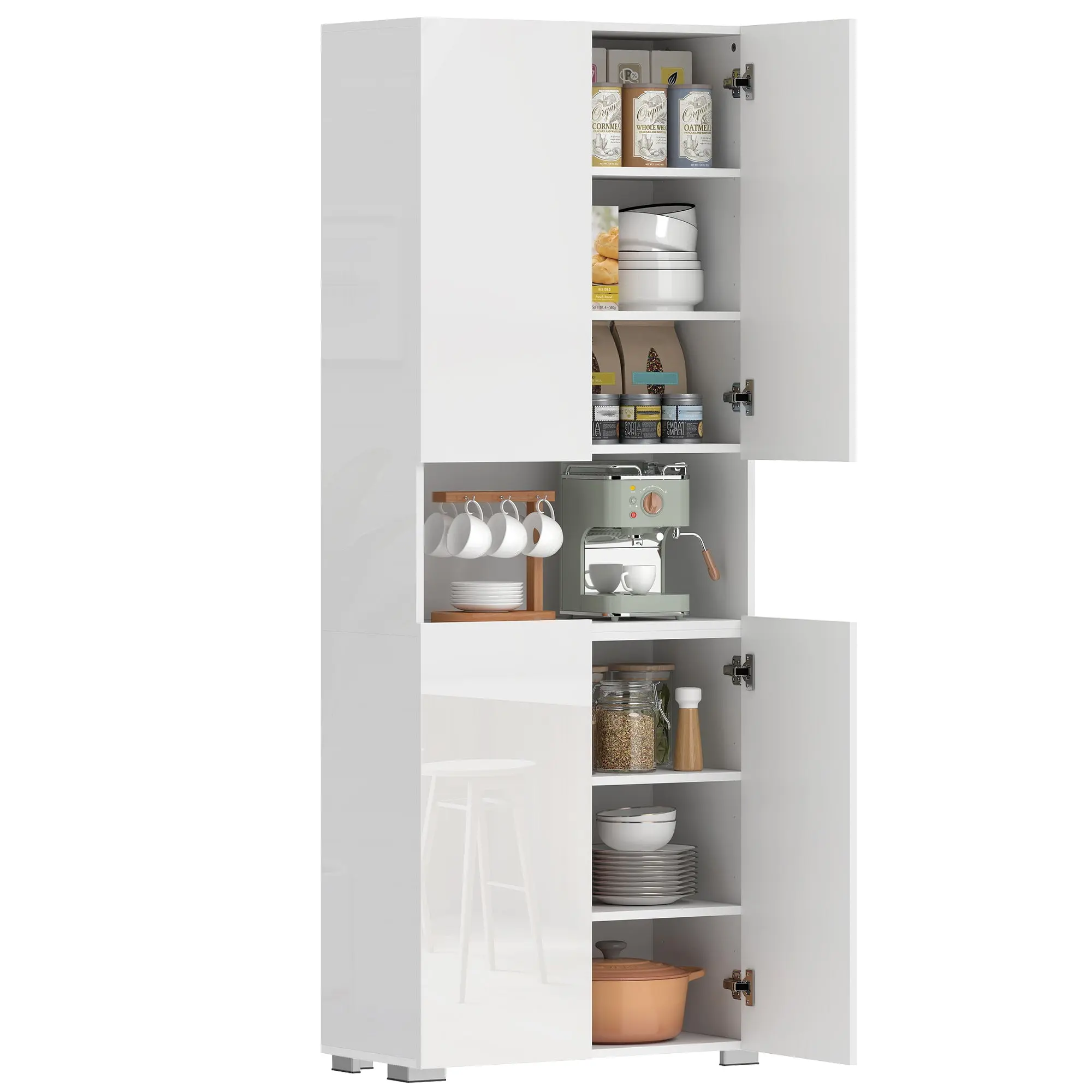 Tall Kitchen Cabinet, High-Gloss Cupboard with 4 Soft-Close Doors and Adjustable Shelves, Storage Cabinet for Living Room & Dining Room, 26.8 x 13.4 x 70.9 in, White