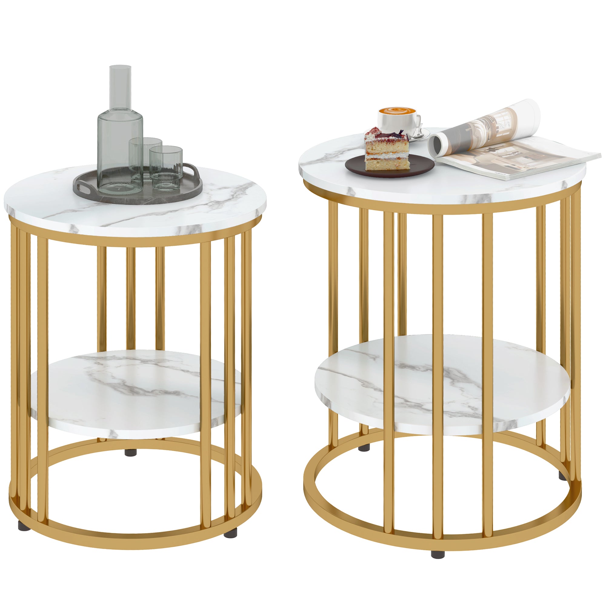 Round Coffee Table 2-Piece Set Side Table with Shelf, Steel Frame, Living Room Table in Marble Effect Coffee Table for Living Room Bedroom White