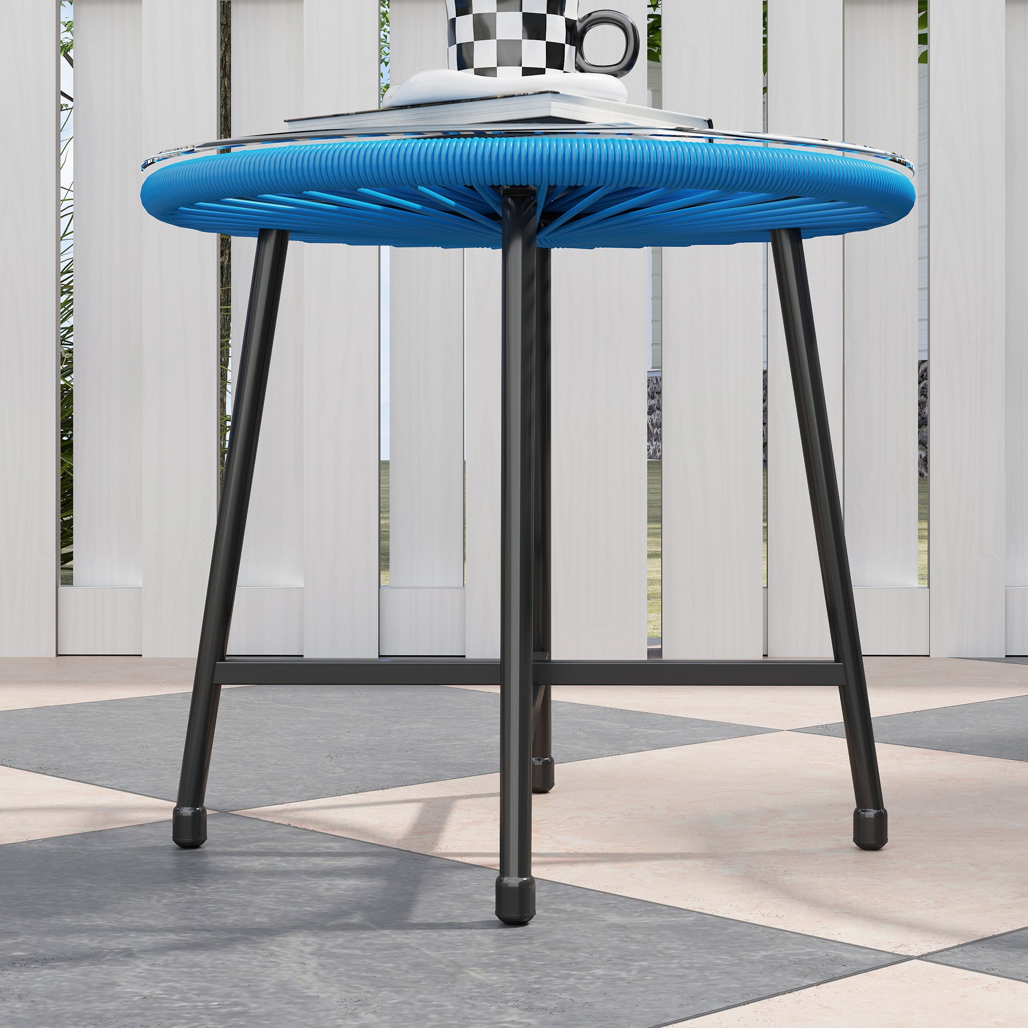 Outsunny Zunanji Vrtni Lounge Set z 2 Modrima Prepletenima Karamelami iz Smole, Temperirano Stekleno Zunanje Mizo, Vrtno Pohištvo za Balkon, Teraso, Patio, Modra
