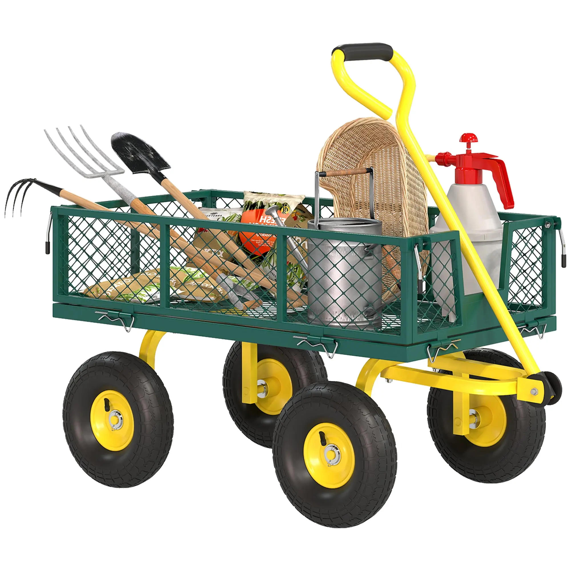 Heavy-Duty Garden Wagon with Removable Sides, Convertible Platform, 9.8" Wheels, 441 lb Capacity, 180° Swivel Handle — Green